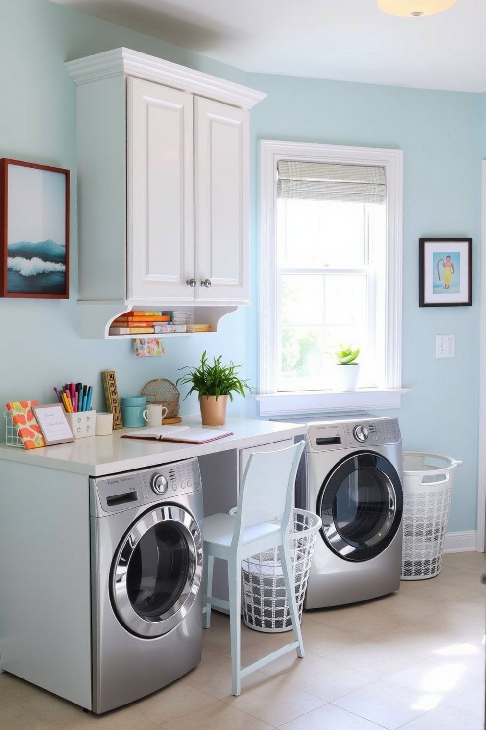 A bright and airy laundry room featuring a small desk positioned beside a window, ideal for planning summer laundry decorating ideas. The desk is adorned with colorful stationery and a potted plant, creating a cheerful and organized workspace. The walls are painted in a soft pastel blue, complemented by white cabinetry that provides ample storage. A stylish laundry basket sits next to the washing machine, and decorative wall art adds a personal touch to the space.