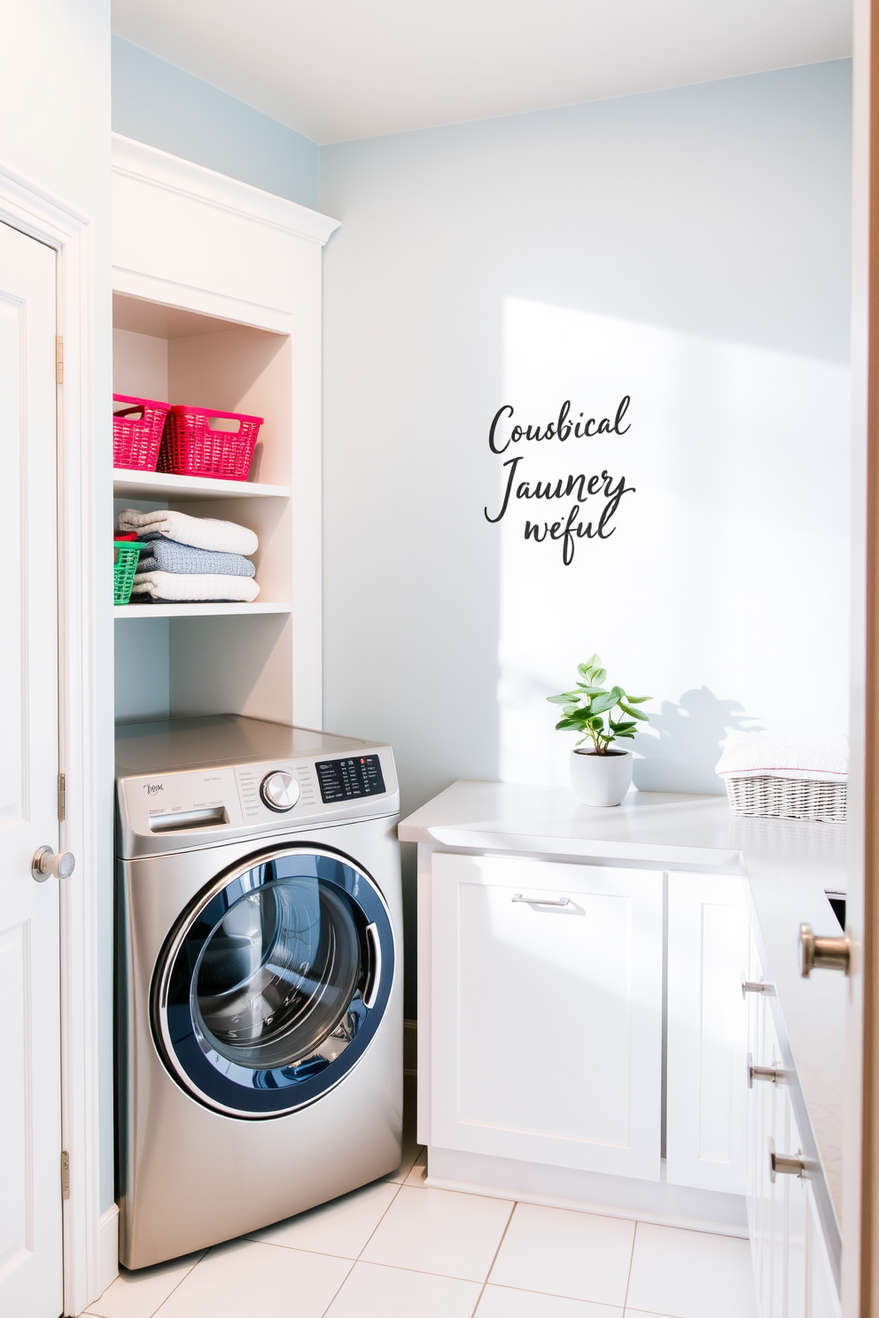 A bright and cheerful laundry room filled with natural light. The walls are painted in a soft pastel blue, and the floor is covered with a durable white tile. A stylish washer and dryer set is neatly tucked into a built-in cabinet with open shelving above for storage. A fun laundry-themed quote decal is prominently displayed on the wall, adding a touch of personality to the space. Colorful baskets are arranged on the shelves, holding neatly folded linens and laundry essentials. A small potted plant sits on the countertop, bringing a fresh and lively feel to the room.