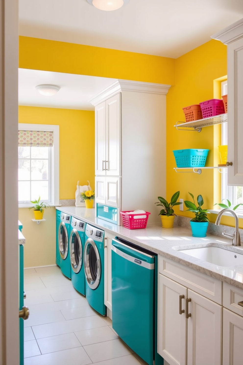 A bright and cheerful laundry room featuring vibrant teal appliances that stand out against crisp white cabinetry. The walls are painted in a sunny yellow hue, creating an inviting atmosphere filled with natural light from a large window. A spacious countertop made of quartz provides ample space for folding clothes, adorned with colorful baskets for organization. Potted plants in cheerful pots add a touch of greenery, complementing the overall lively decor of the room.