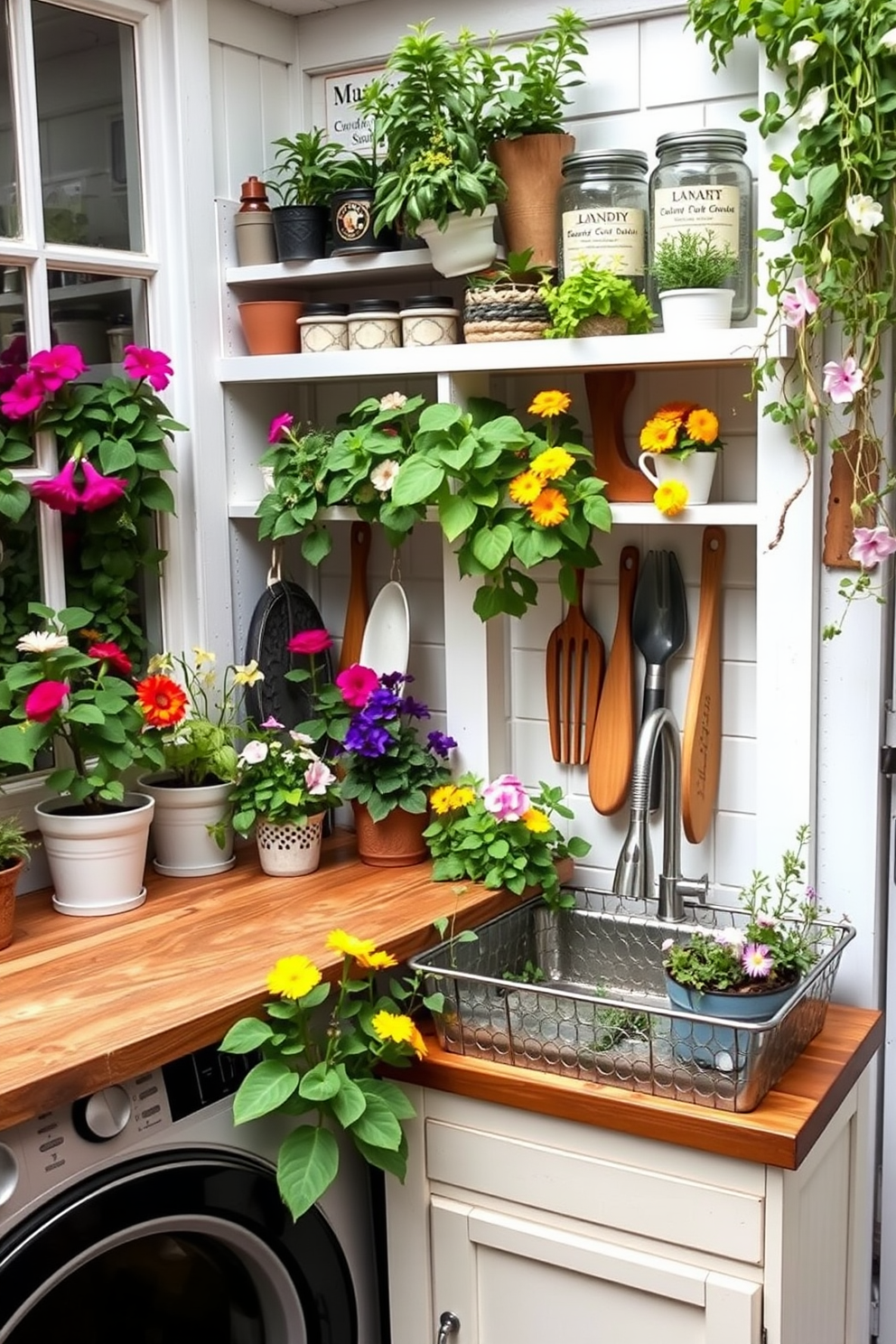 A charming mini laundry garden area filled with vibrant flowering plants and greenery. The space features a rustic wooden countertop with a stylish sink, complemented by open shelving showcasing decorative jars and gardening tools.