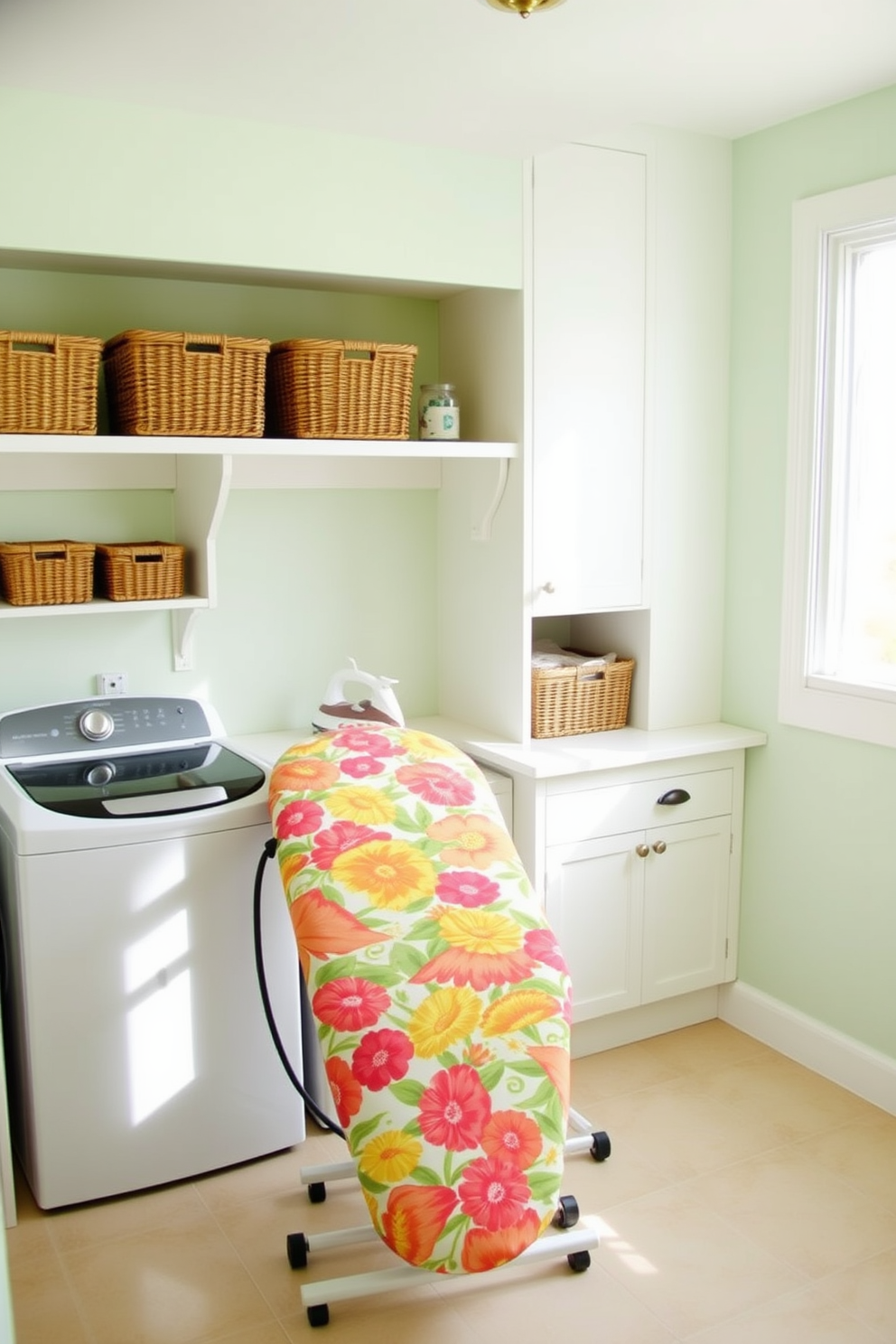 A bright and airy laundry room features a stylish ironing board cover adorned with a vibrant floral pattern. The walls are painted in a soft pastel hue, and natural light floods in through a large window, creating a cheerful atmosphere. A spacious countertop is set against the wall, providing ample space for folding clothes. Decorative baskets are neatly arranged on shelves, adding both functionality and charm to the room.