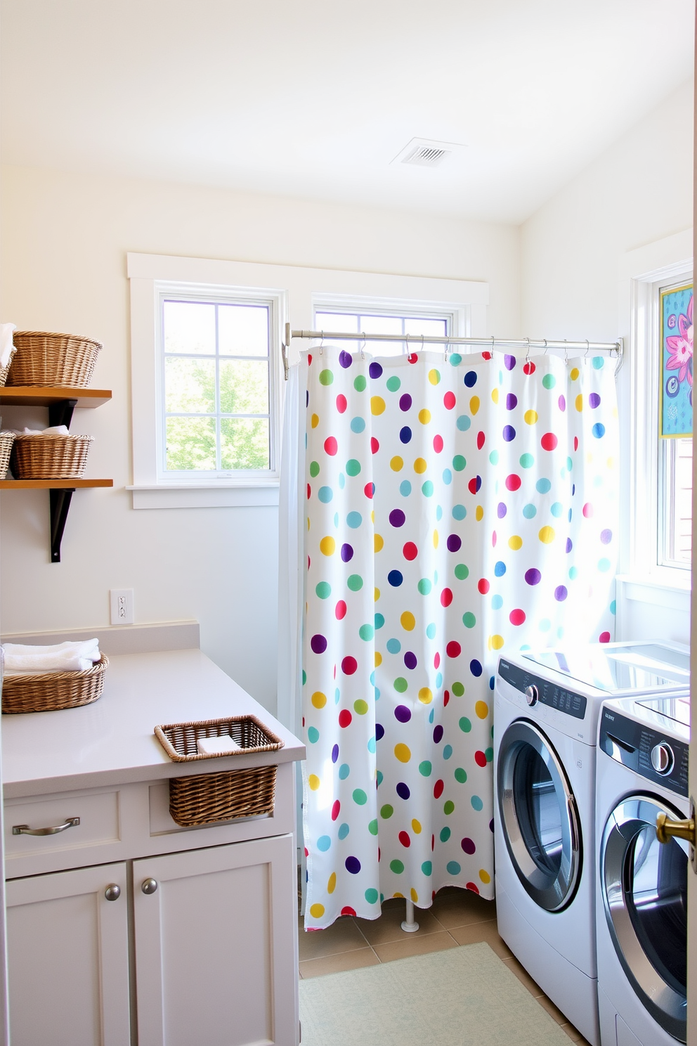 A bright and cheerful laundry room filled with natural light. The space features a playful shower curtain with a colorful pattern that serves as a divider, adding a fun touch to the area. To the left, there is a spacious countertop for folding clothes, adorned with decorative baskets for organizing laundry supplies. The walls are painted in a soft pastel color, and vibrant artwork hangs above the washer and dryer, creating an inviting atmosphere.