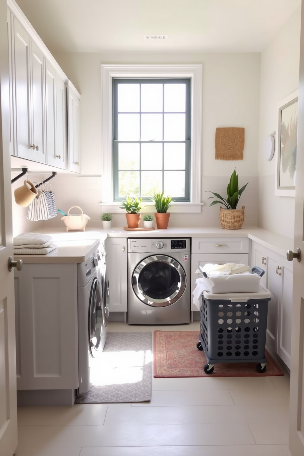 A bright and airy laundry room features a spacious countertop for folding clothes, complemented by white cabinetry that provides ample storage. A laundry basket cart is positioned nearby for easy mobility, and the walls are painted in a soft pastel hue to create a cheerful atmosphere. Natural light floods the space through a large window, enhancing the fresh vibe of the room. Decorative elements such as potted plants and stylish wall art add a personal touch, making laundry chores feel more enjoyable.