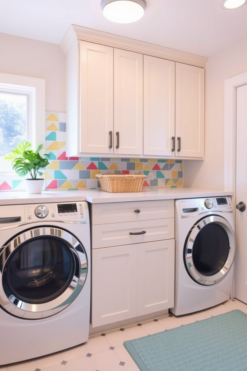 A bright and cheerful laundry room features a fun tile backsplash with colorful geometric patterns that add a playful touch to the space. The room is filled with natural light, highlighting a spacious countertop for folding clothes and a stylish washer and dryer set. The cabinetry is painted in a soft pastel color, complementing the vibrant tiles while providing ample storage for laundry essentials. A decorative basket sits on the countertop, and a potted plant adds a fresh element to the overall design.