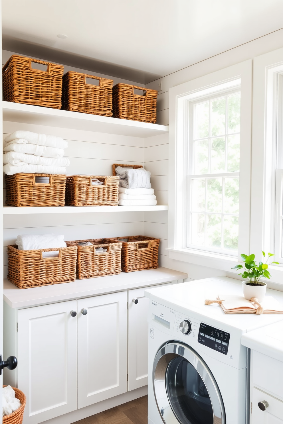 A bright and airy laundry room with white shiplap walls and large windows allowing natural light to flood in. Wicker baskets are neatly arranged on open shelves, providing stylish storage solutions for linens and laundry essentials. The room features a sleek countertop for folding clothes, adorned with a small potted plant for a touch of greenery. Soft, pastel-colored decor elements add a cheerful summer vibe, complementing the functional yet inviting atmosphere.