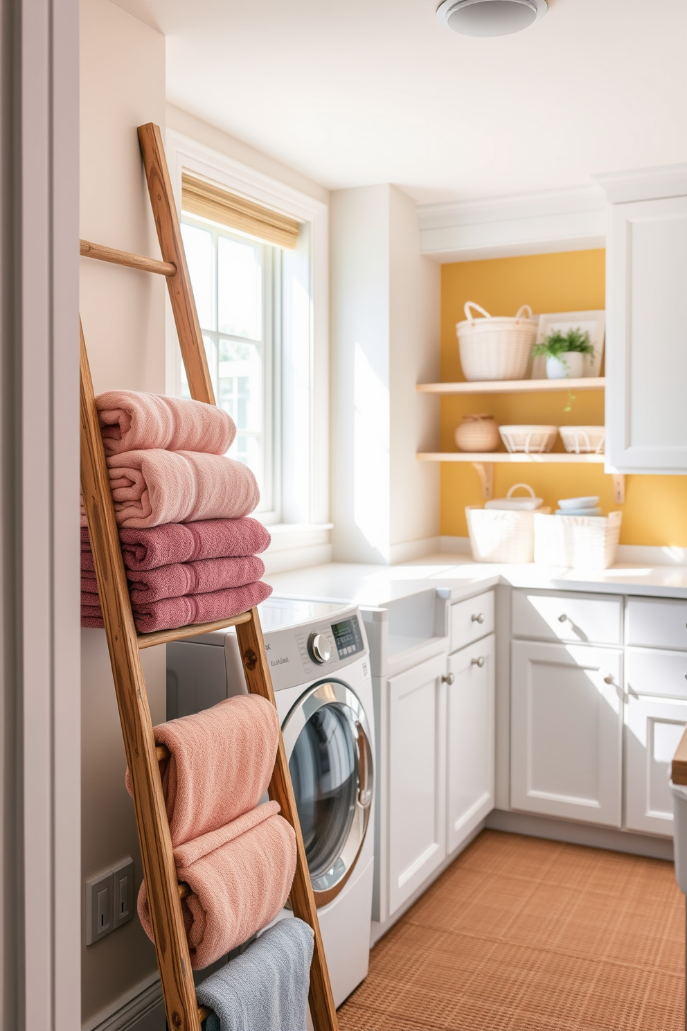 A bright and airy laundry room features a decorative wooden ladder leaning against the wall, elegantly displaying neatly folded towels in soft pastel colors. The space is enhanced by natural light streaming through a window, with white cabinetry and a cheerful yellow accent wall creating a warm and inviting atmosphere.