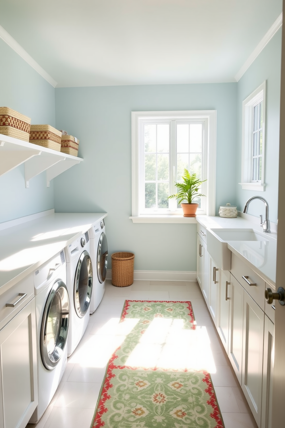 A bright and airy laundry room filled with natural light. The walls are painted in a soft pastel blue, and there is a cheerful patterned rug on the floor that adds a pop of color. A spacious countertop made of white quartz runs along one side, with a stylish sink and ample storage cabinets underneath. Decorative baskets are neatly arranged on the shelves, and a small potted plant adds a touch of greenery to the space.