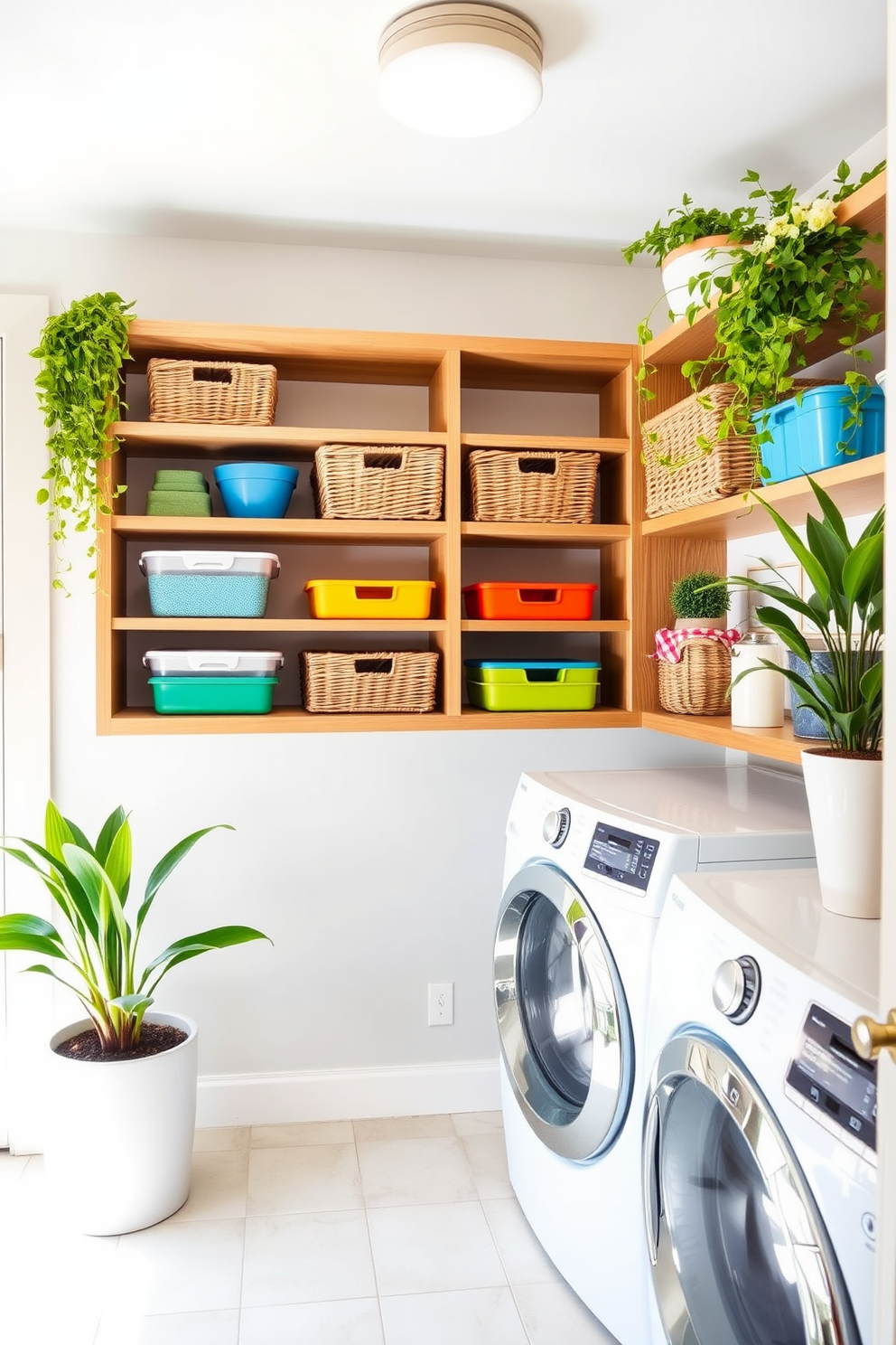 A bright and airy laundry room features open shelving made of natural wood, providing easy access to neatly arranged baskets and colorful storage containers. The walls are painted in a soft pastel hue, and the space is adorned with cheerful plants to create a refreshing atmosphere.