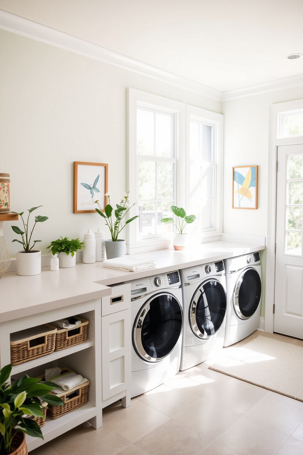 A bright and airy summer laundry room features a functional folding station with ample counter space. The walls are painted in a soft pastel hue, and natural light floods the room through large windows. The folding station is equipped with built-in storage for laundry supplies and neatly organized baskets. Decorative touches include fresh potted plants and cheerful artwork that evoke a sense of summer.