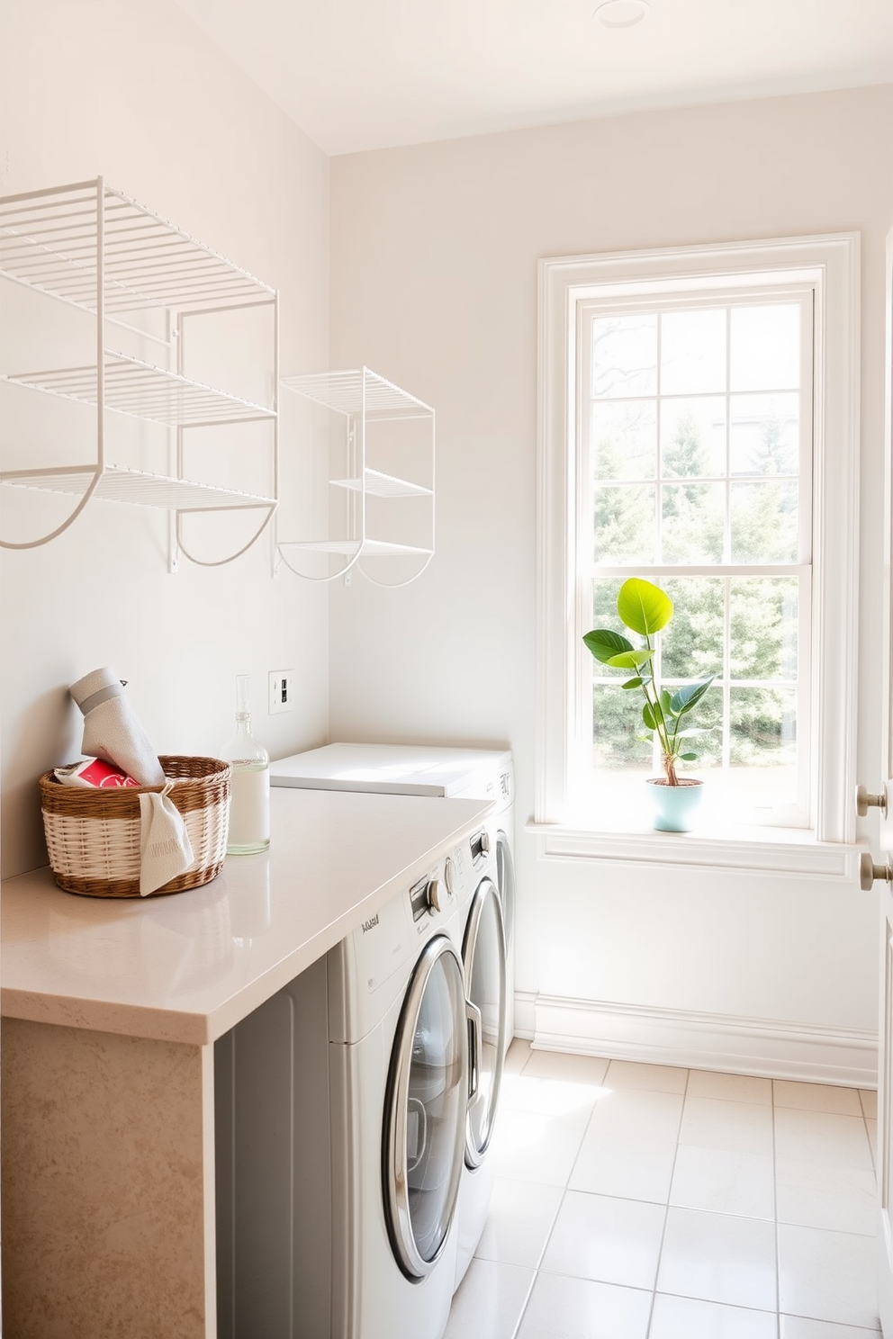 A bright and airy laundry room with wall-mounted drying racks that maximize space. The walls are painted in a soft pastel color, and the floor features light-colored tiles for a fresh look. Natural light floods the room through a large window, illuminating a stylish countertop with baskets for organizing laundry supplies. A decorative plant sits on the windowsill, adding a touch of greenery to the space.