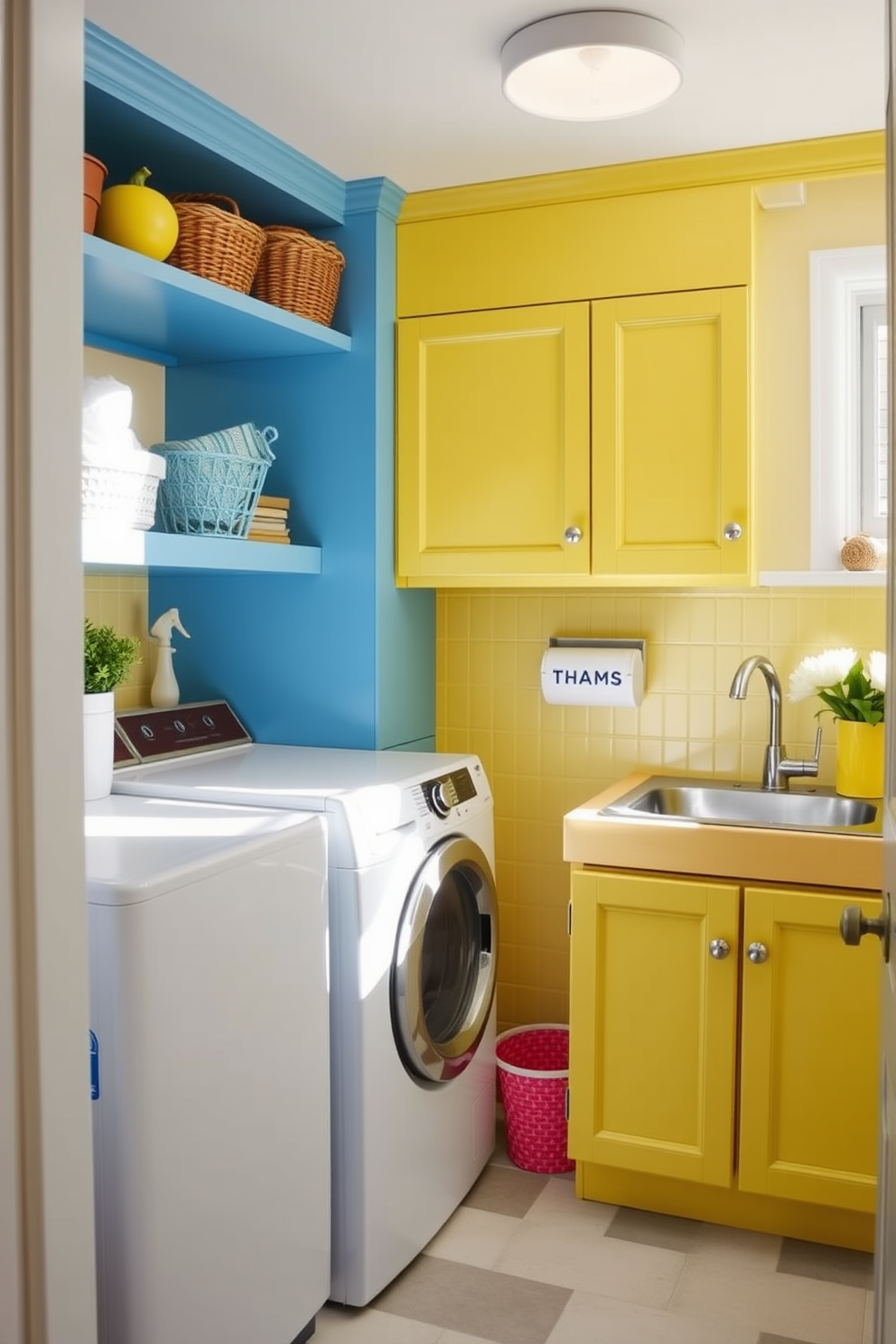 A bright and cheerful laundry room featuring cabinets painted in vibrant summer hues like sunny yellow and ocean blue. The space is filled with natural light, highlighting the colorful accents and creating an inviting atmosphere.