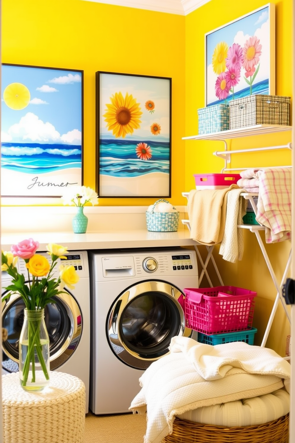 A bright and cheerful laundry room featuring vibrant summer-themed artwork on the walls. The decor includes colorful storage baskets and a sunny yellow accent wall that enhances the light and airy feel of the space. Incorporate functional elements like a spacious countertop for folding clothes and a stylish drying rack. The room is accented with fresh flowers in a vase and soft, inviting textiles that evoke a sense of summer relaxation.