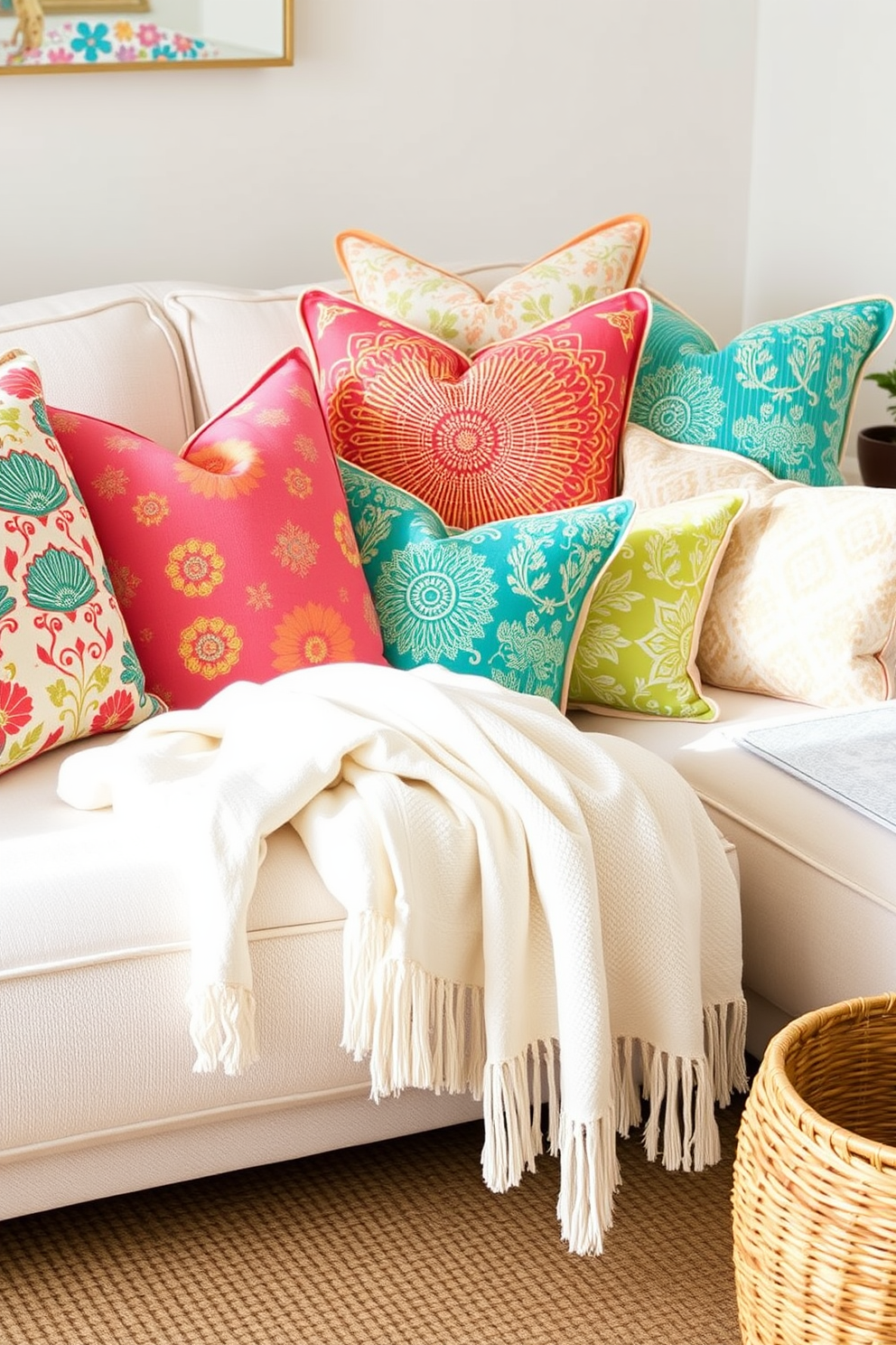 Brighten your summer living room with an array of colorful throw pillows in vibrant hues and playful patterns. Arrange the pillows on a cozy sectional sofa, complemented by a light, airy throw blanket draped over the armrest. Incorporate a mix of textures, such as linen and cotton, to enhance the inviting atmosphere. Add a few decorative accents like a woven basket or a small potted plant to complete the cheerful summer vibe.