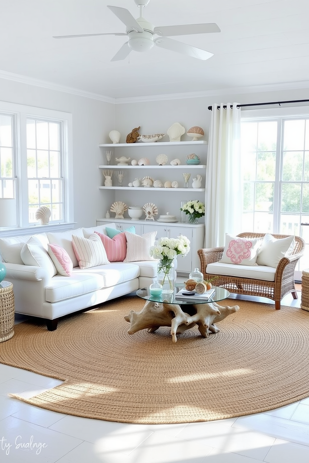 A bright and airy summer living room filled with natural light. The decor features seashells artfully arranged in glass vases and scattered on shelves, bringing a coastal vibe to the space. The seating area includes a comfortable white sofa adorned with pastel-colored throw pillows. A large jute rug anchors the room, while a driftwood coffee table adds an organic touch to the design.