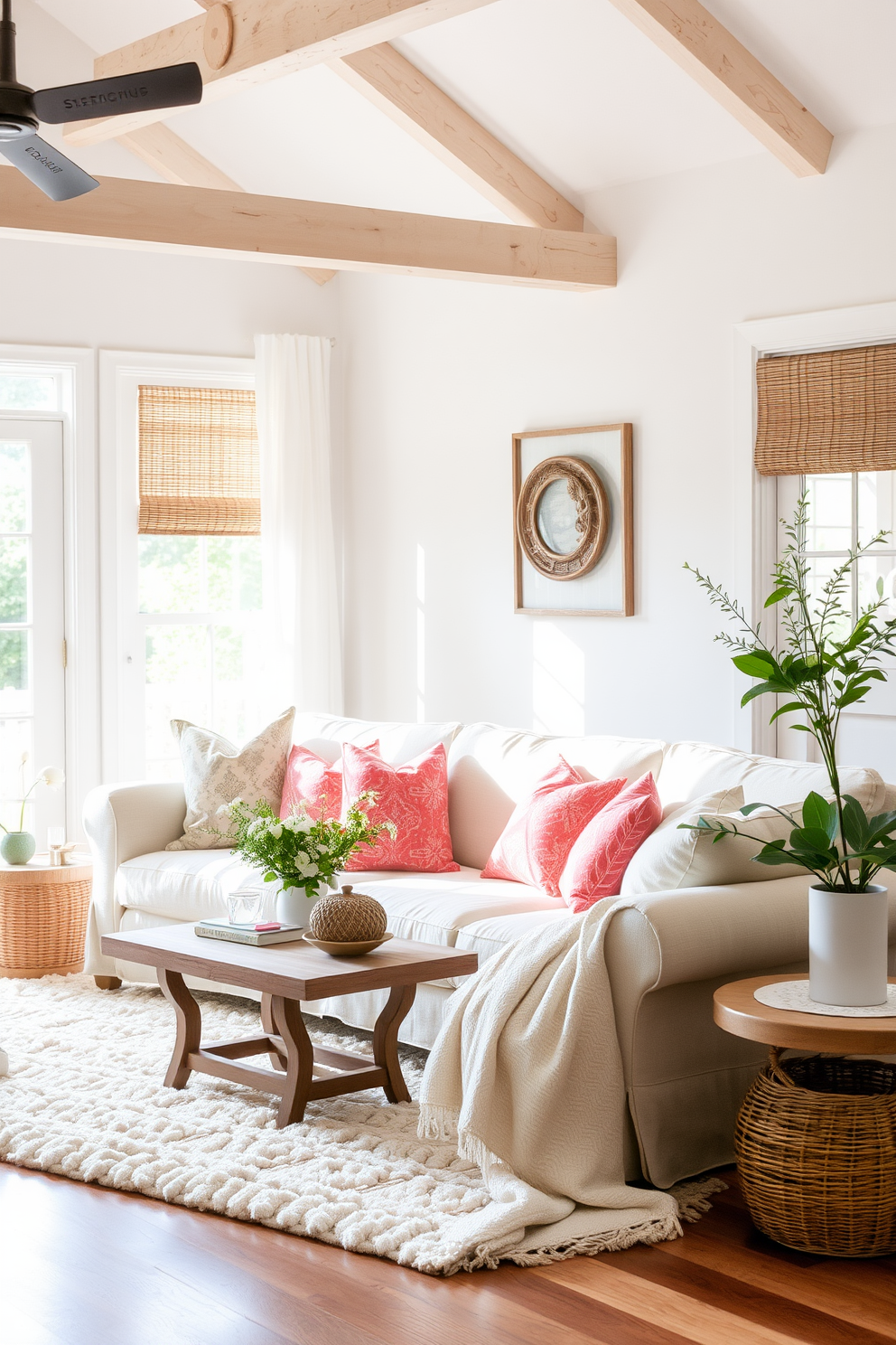 A bright and airy summer living room featuring layered textures with soft linen and cozy cotton fabrics. The space is filled with natural light, highlighting a light-colored sofa adorned with vibrant throw pillows and a plush cotton area rug underfoot.