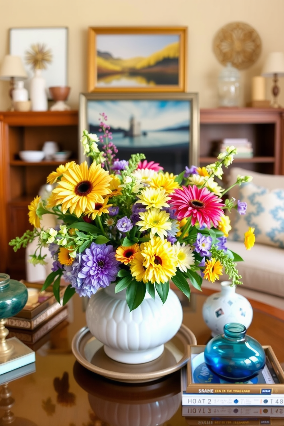 Create a vibrant summer living room that showcases a stunning table centerpiece filled with colorful flowers. The centerpiece should be surrounded by stylish decorative items that enhance the overall brightness and warmth of the space.