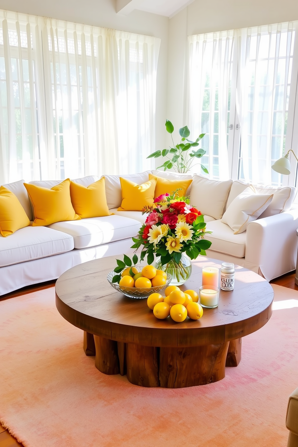 A bright and airy summer living room filled with natural light. The space features a large sectional sofa in soft white fabric adorned with colorful throw pillows in shades of yellow and orange. A round coffee table made of reclaimed wood sits at the center, topped with a vibrant floral arrangement and a few artfully placed candles. Sheer curtains flutter gently in the warm breeze, while a cozy area rug in pastel hues anchors the seating area. Add a refreshing citrus scent with candles placed strategically around the room. A bowl of fresh lemons and limes on the coffee table enhances the summer vibe and invites a sense of rejuvenation.