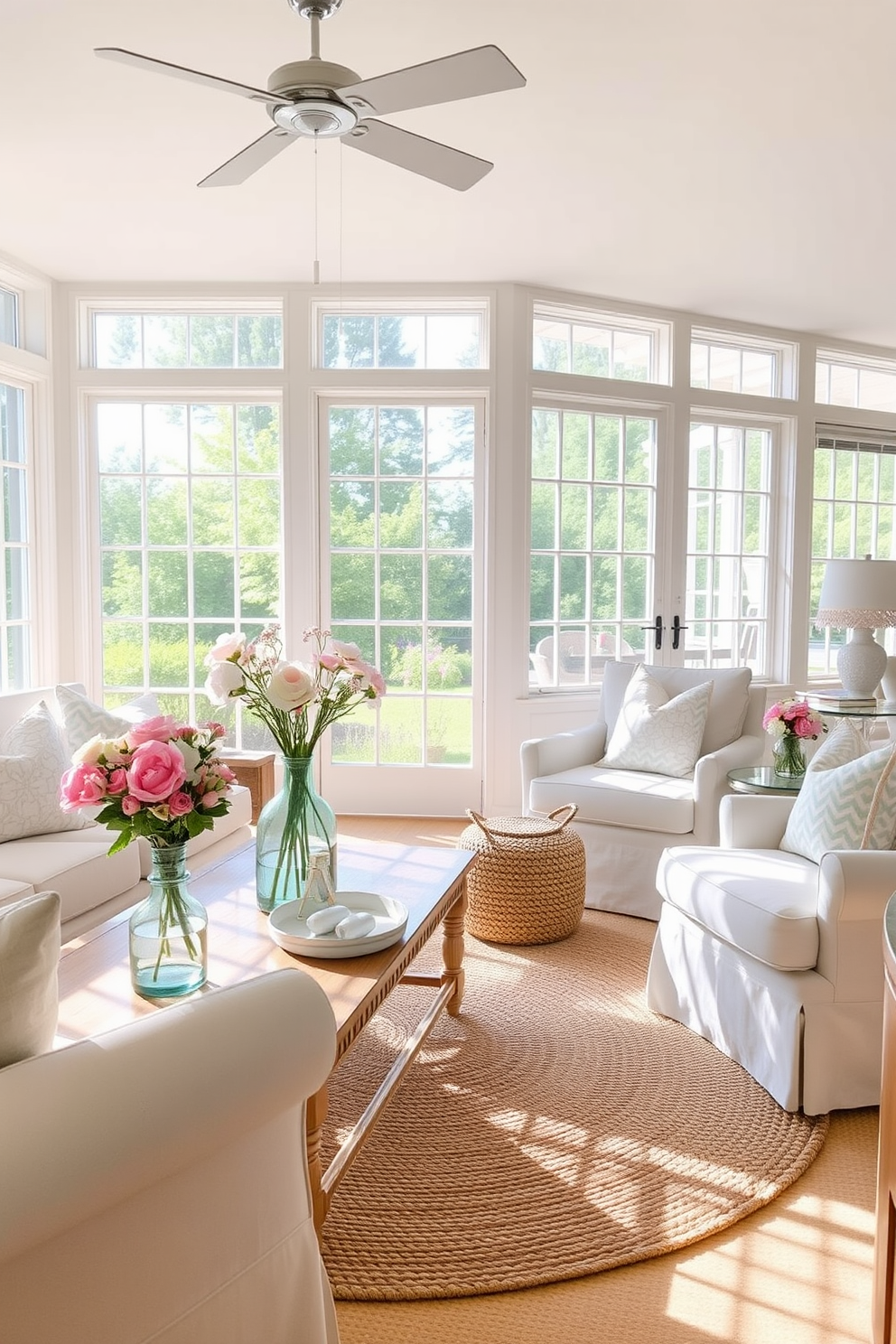 A bright and airy summer living room features large windows that allow natural light to flood the space. The room is adorned with soft, light-colored furnishings and accent pillows in pastel hues. Glass vases filled with fresh flowers are strategically placed on the coffee table and side shelves, adding a breezy touch. A woven area rug anchors the seating area, enhancing the relaxed summer vibe.