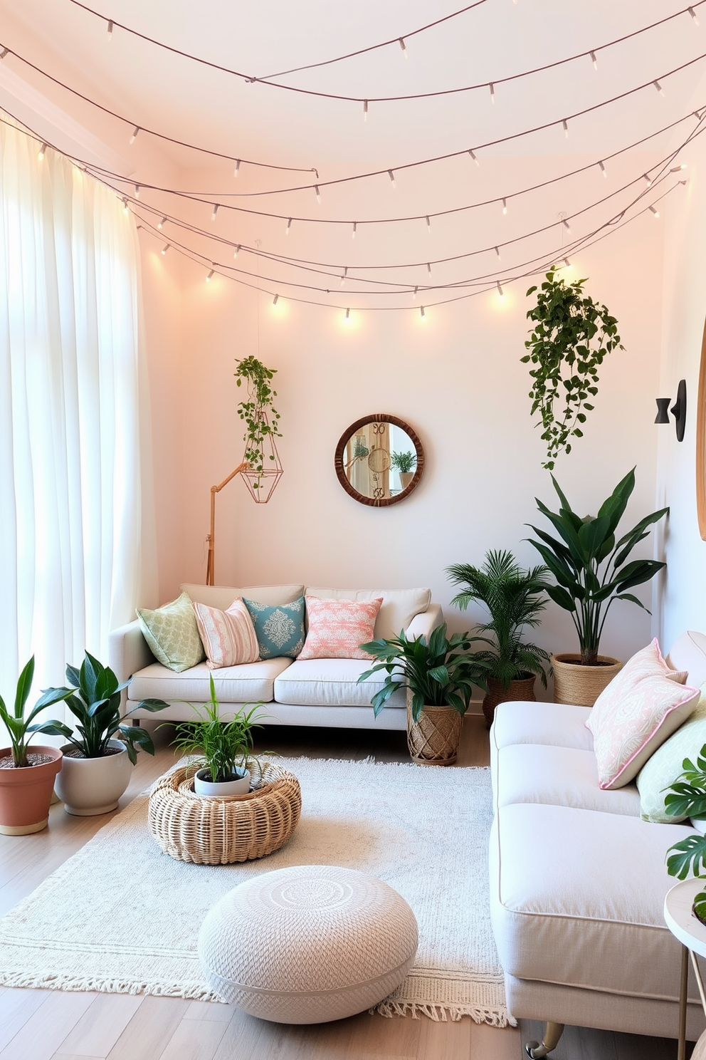 A cozy summer living room adorned with soft pastel colors. The space features a large, comfortable sectional sofa with colorful throw pillows and a light, airy area rug underfoot. String lights are draped across the ceiling, creating a warm and inviting atmosphere. Potted plants are strategically placed around the room, adding a touch of greenery and freshness.