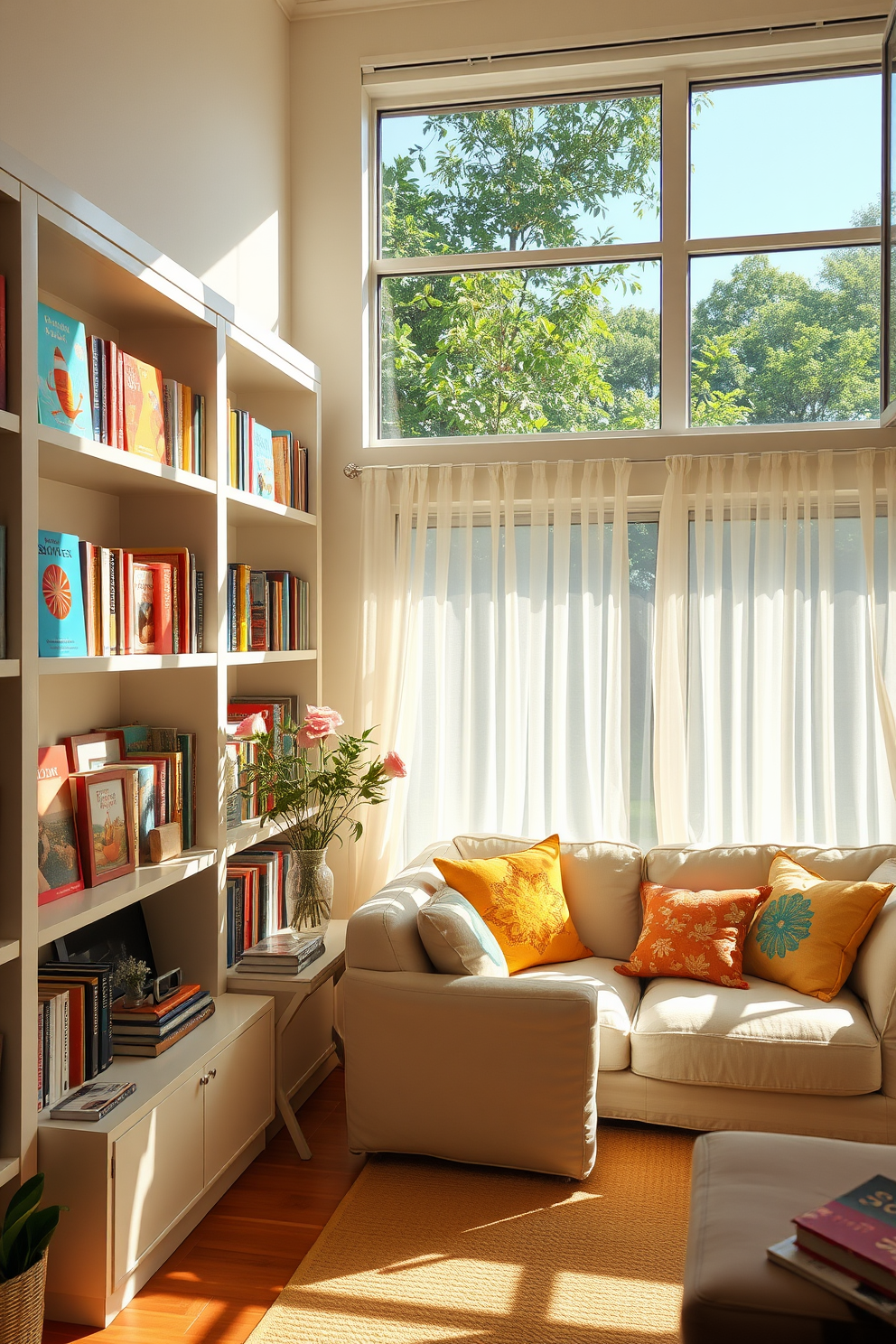 A vibrant summer living room filled with natural light. Shelves are adorned with colorful summer books, showcasing bright covers that evoke a sense of warmth and relaxation. The space features a comfortable seating area with a light, airy sofa and cheerful throw pillows. A large window draped with sheer curtains allows sunlight to filter in, enhancing the cheerful atmosphere.