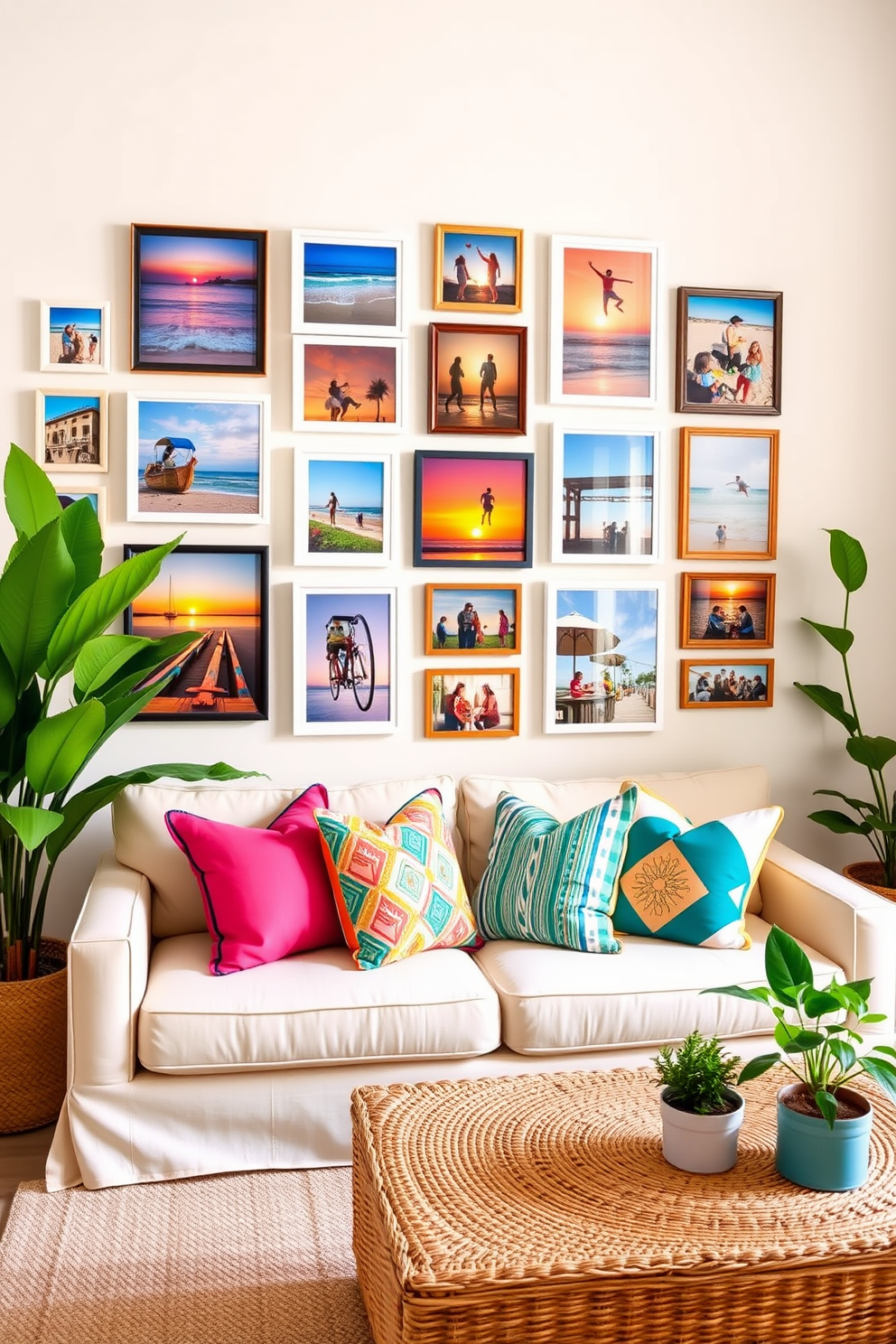 Create a gallery wall featuring an array of vibrant summer photos in various frame sizes. The wall is adorned with images of beach scenes, sunsets, and outdoor gatherings, creating a cheerful and inviting atmosphere. Incorporate a cozy seating area with a light-colored sofa adorned with colorful throw pillows. Add a woven coffee table and a few potted plants to enhance the summer vibe in the living room.