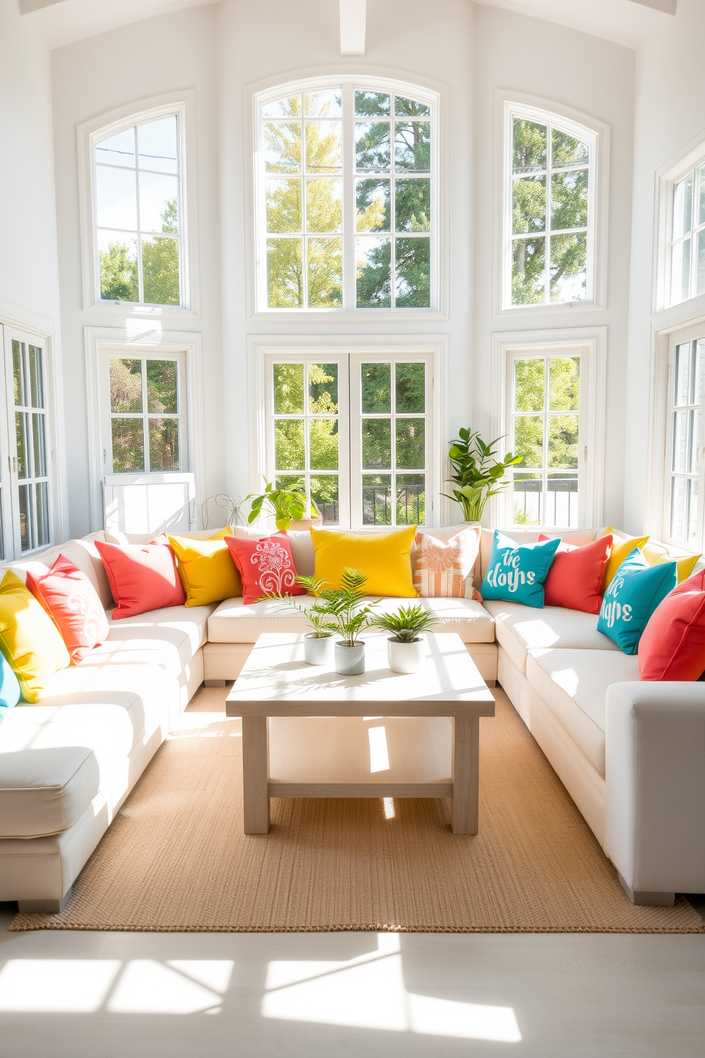 A bright and inviting summer living room features a large sectional sofa adorned with vibrant cushions in shades of yellow, turquoise, and coral. Sunlight streams in through large windows, creating a warm and cheerful atmosphere that invites relaxation and socializing. A light, airy coffee table sits in the center, surrounded by a few potted plants that add a touch of greenery. The walls are painted in a soft white, enhancing the overall brightness of the space and making the colorful cushions pop.