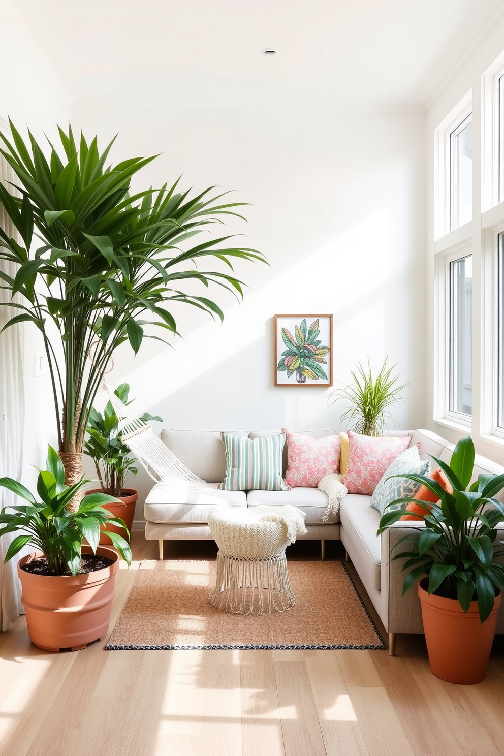 A bright and airy summer living room features a cozy hammock suspended between two large potted plants. The walls are painted in a soft pastel hue, and the furniture includes a comfortable sectional sofa adorned with colorful throw pillows.