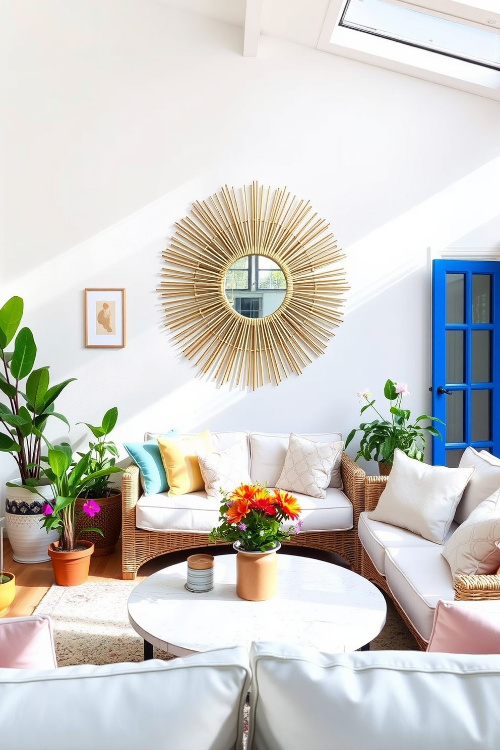 A bright summer living room features a sunburst mirror as a focal point on the wall, reflecting natural light and adding a touch of glamour. The space is adorned with light-colored furniture, soft pastel cushions, and vibrant potted plants to create an inviting and cheerful atmosphere.