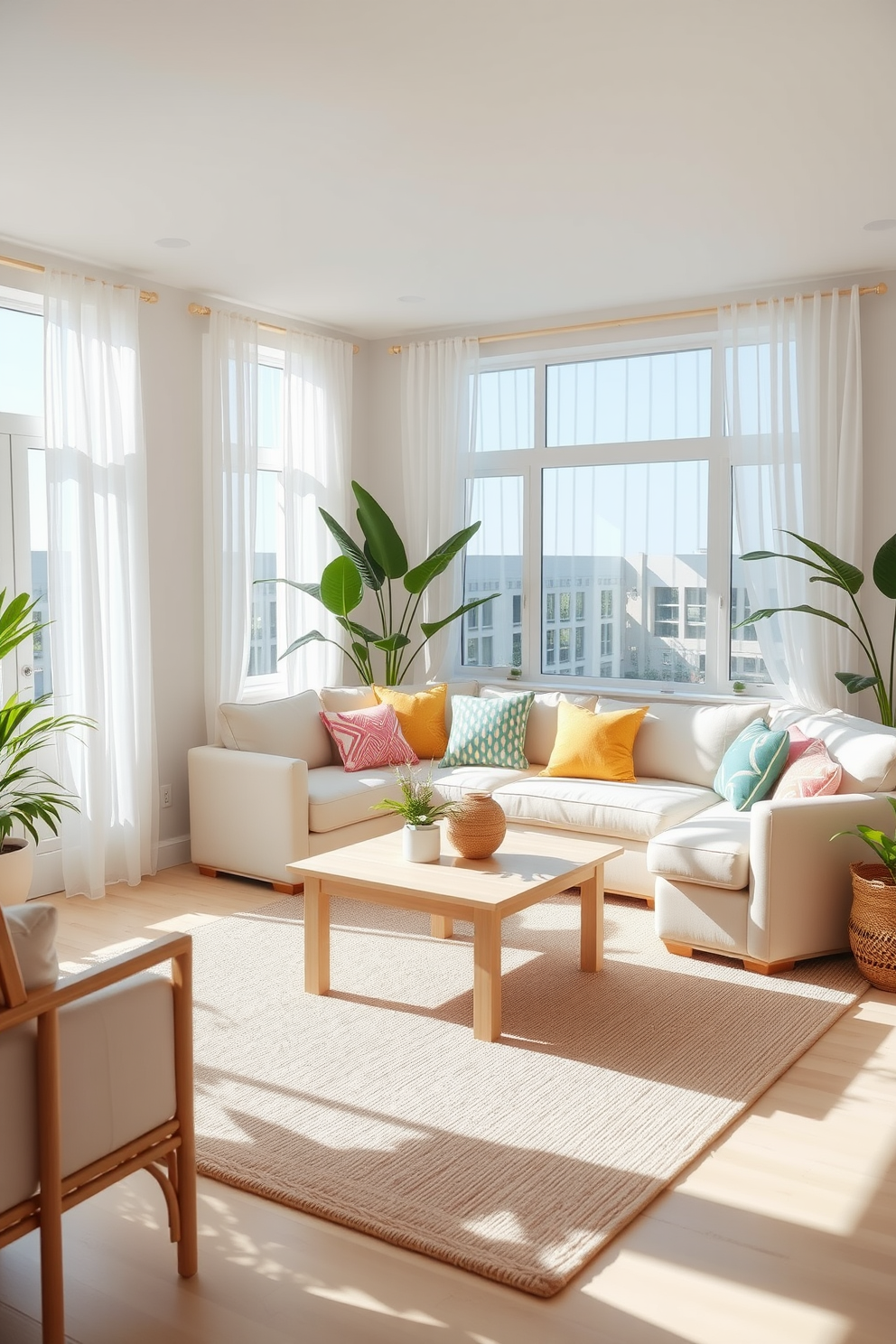 A bright and airy summer living room features a light-colored coffee table at the center, surrounded by a plush sectional sofa adorned with colorful throw pillows. Large windows let in natural light, and sheer curtains flutter gently in the breeze, creating a relaxed and inviting atmosphere. The walls are painted in a soft pastel hue, enhancing the room's cheerful vibe. Potted plants in the corners add a touch of greenery, while a cozy area rug anchors the space, inviting guests to unwind and enjoy the summer ambiance.