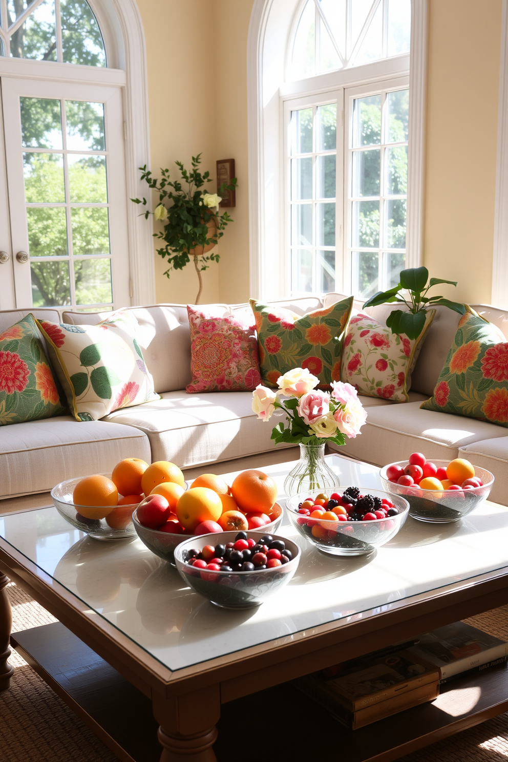 A bright summer living room filled with natural light. There are decorative bowls on the coffee table, filled with an array of fresh fruits like oranges, apples, and berries. The walls are painted in a soft pastel color, creating a cheerful atmosphere. Plush cushions in vibrant patterns adorn the comfortable sofa, inviting relaxation and enjoyment of the sunny season.