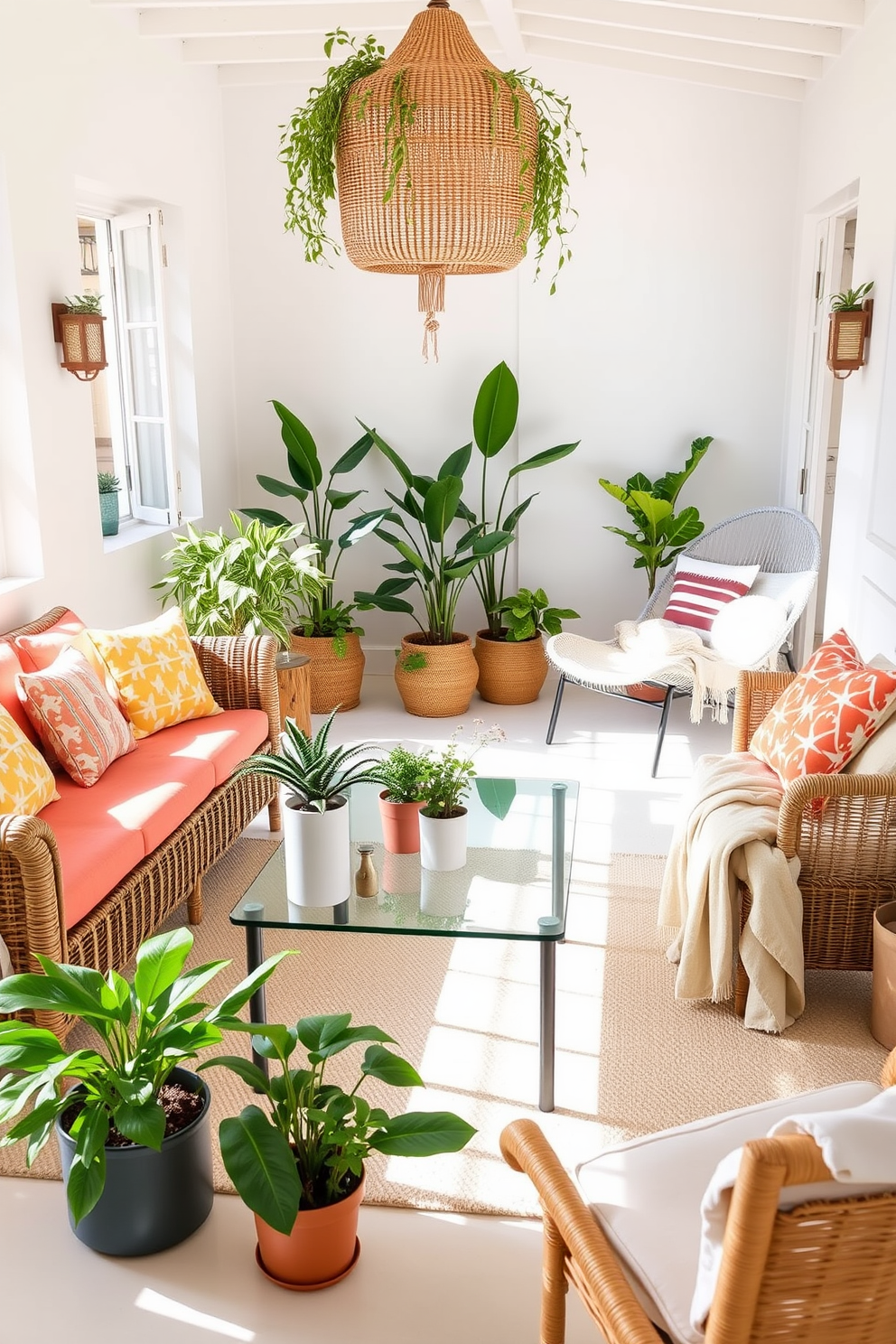 A bright and airy summer living room features a comfortable rattan sofa adorned with vibrant cushions. A large glass coffee table sits in the center, surrounded by potted plants that bring a touch of nature indoors. In one corner, a stylish outdoor lounge chair offers a cozy reading nook, draped with a soft throw. The walls are painted in a light pastel hue, enhancing the cheerful atmosphere of the space.