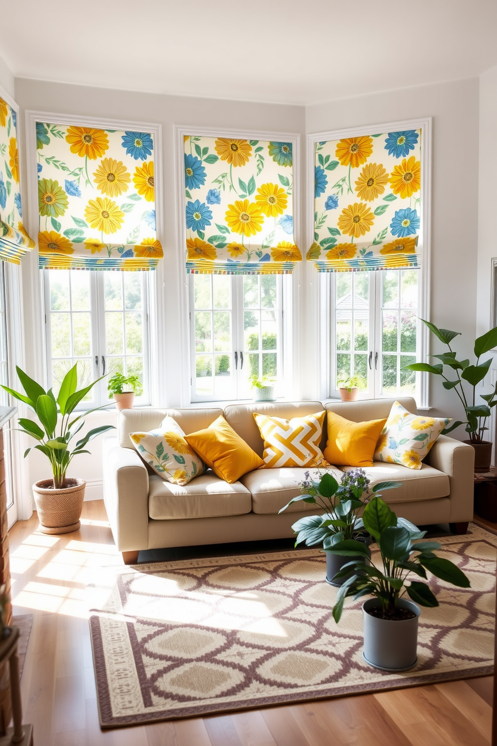 A bright summer living room filled with natural light. The windows are adorned with bold patterned curtains that feature vibrant florals in shades of yellow and blue, complementing the colorful cushions scattered across the plush sofa. The walls are painted in a soft white, creating a fresh backdrop for the lively decor. A large area rug with geometric designs anchors the space, while potted plants add a touch of greenery and warmth to the room.