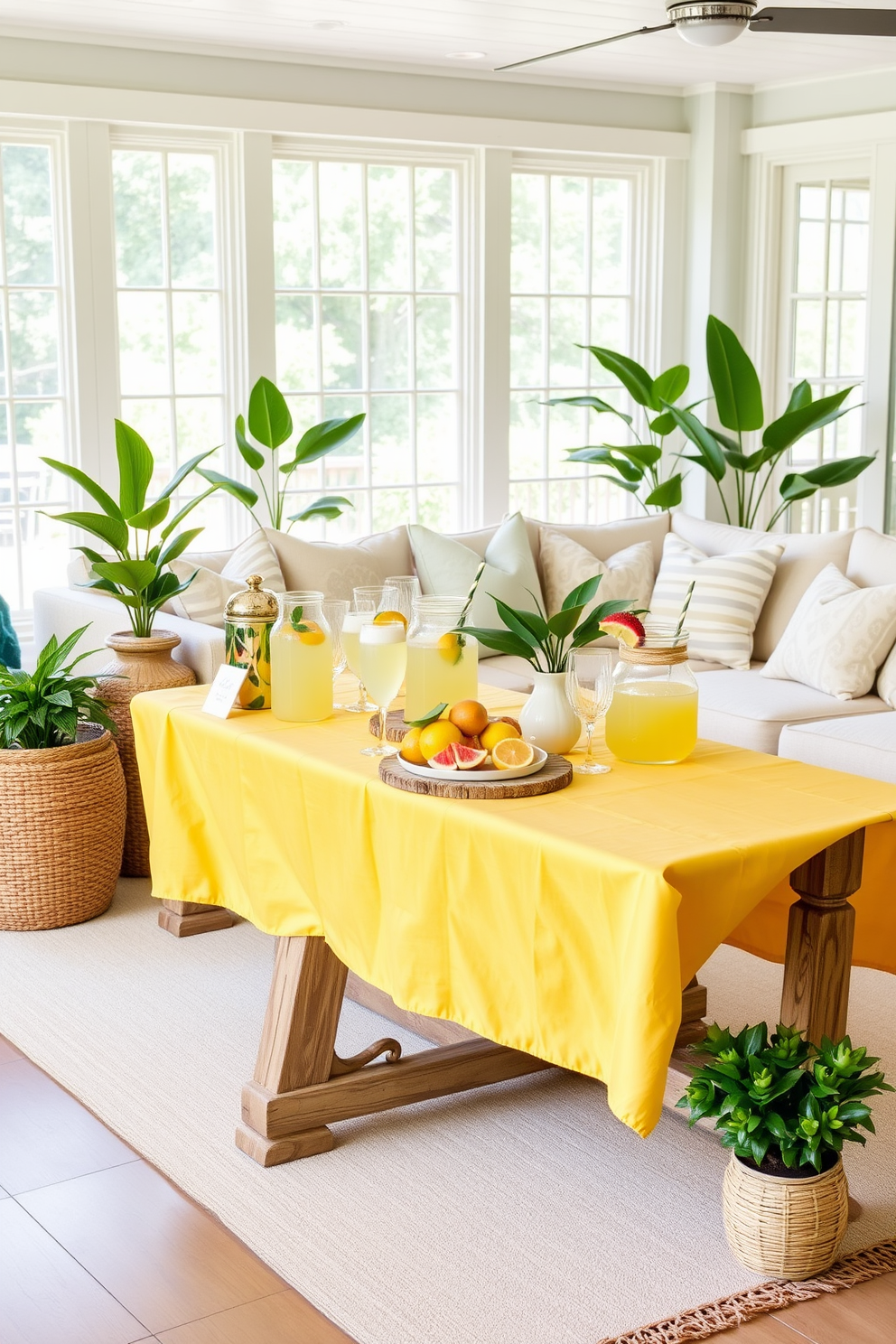 A refreshing lemonade station setup featuring a rustic wooden table adorned with a vibrant yellow tablecloth. On the table, there are glass pitchers filled with freshly squeezed lemonade, surrounded by colorful fruit garnishes and stylish glassware. Summer living room decorating ideas include a light and airy space with large windows allowing natural light to flood in. The room is decorated with soft pastel cushions on a comfortable sectional sofa, complemented by a woven coffee table and lush green plants in decorative pots.