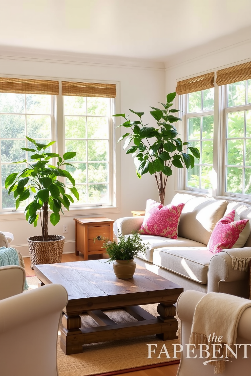 A bright and airy summer living room features large windows that allow natural light to flood the space. Comfortable seating is arranged around a rustic wooden coffee table, creating an inviting atmosphere. The walls are painted in soft pastel hues, complemented by light-colored wooden accents. Decorative throw pillows in vibrant patterns add a pop of color to the neutral sofa, while a large indoor plant brings a touch of nature indoors.