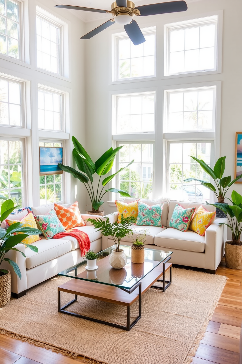 A bright and airy summer living room features large windows that let in plenty of natural light. The space is adorned with a comfortable sectional sofa in a light fabric, surrounded by colorful throw pillows in vibrant patterns. In one corner, a stylish coffee table sits atop a soft area rug, while a collection of tropical plants adds a fresh vibe throughout the room. The walls are painted in a soft pastel color, and artwork depicting beach scenes enhances the summery atmosphere.