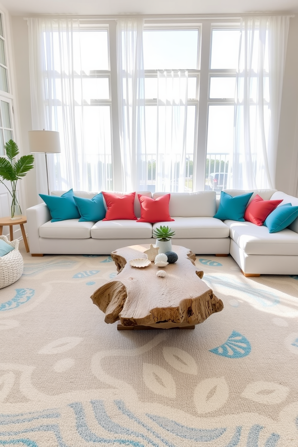 A bright and airy summer living room features a large beach-themed area rug with soft blues and sandy beige tones. The rug anchors the seating area, which includes a plush white sectional sofa adorned with vibrant throw pillows in coral and turquoise hues. Natural light floods the room through large windows, showcasing sheer white curtains that flutter gently in the breeze. A driftwood coffee table sits at the center, topped with a few coastal-inspired decor pieces like seashells and a small potted succulent.