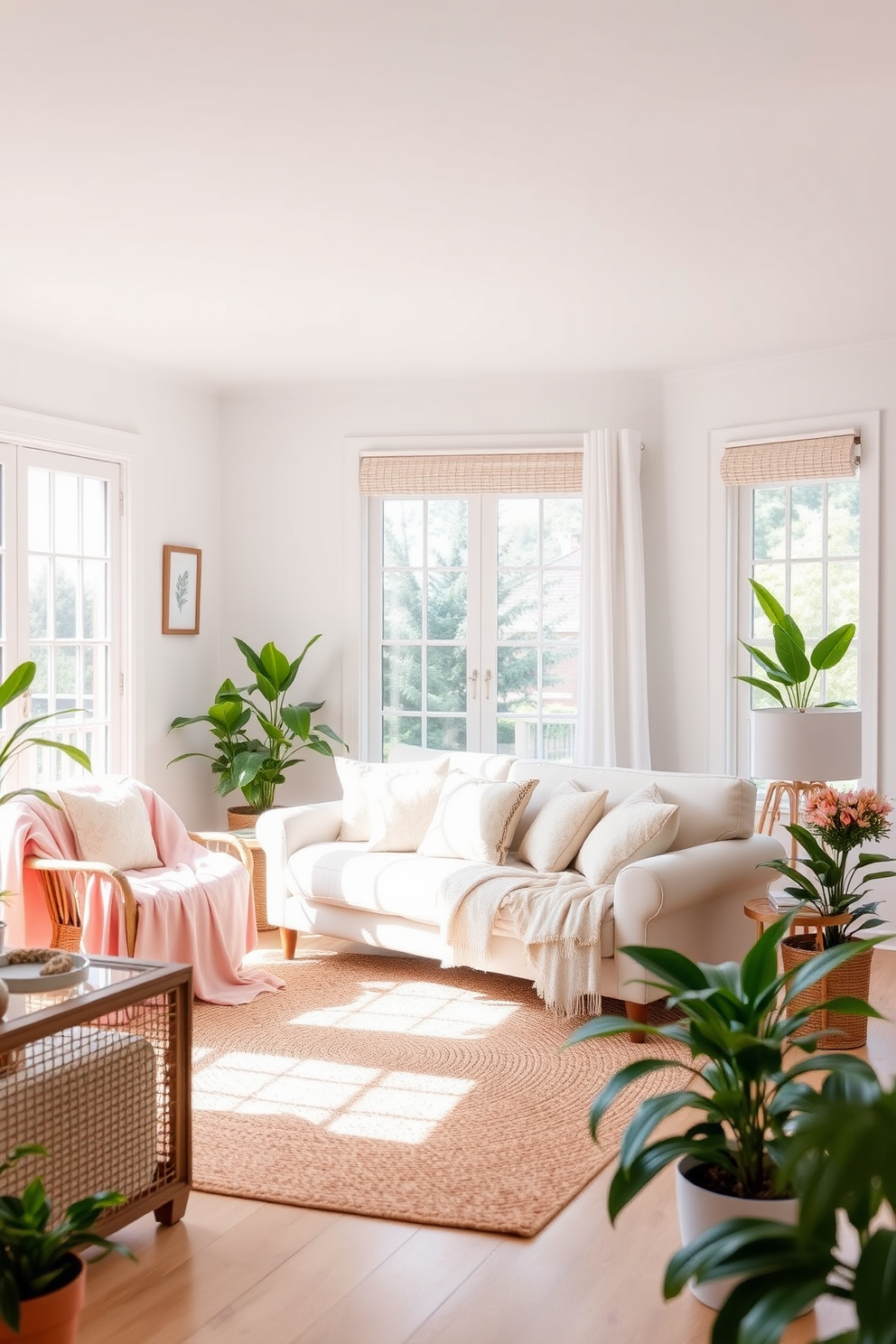 A bright and airy summer living room features a light color palette with soft pastel accents. The space is adorned with lightweight throws draped over a plush sofa, inviting relaxation and comfort. Large windows allow natural light to flood the room, enhancing the cheerful atmosphere. Potted plants in the corners add a touch of greenery, while a woven rug anchors the seating area.