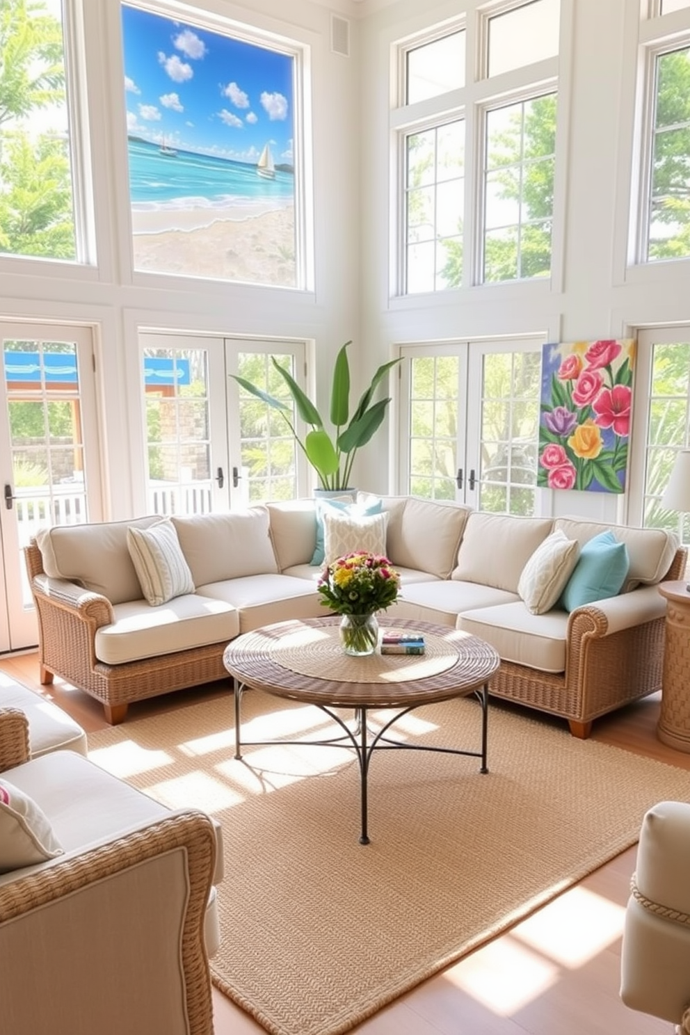 A bright and airy summer-themed living room features large windows that allow natural light to flood the space. The walls are adorned with vibrant artwork depicting beach scenes and colorful flowers, creating a cheerful atmosphere. The furniture includes a comfortable sectional sofa in a light fabric, paired with pastel-colored throw pillows. A woven coffee table sits in the center, surrounded by a soft area rug that adds warmth to the room.