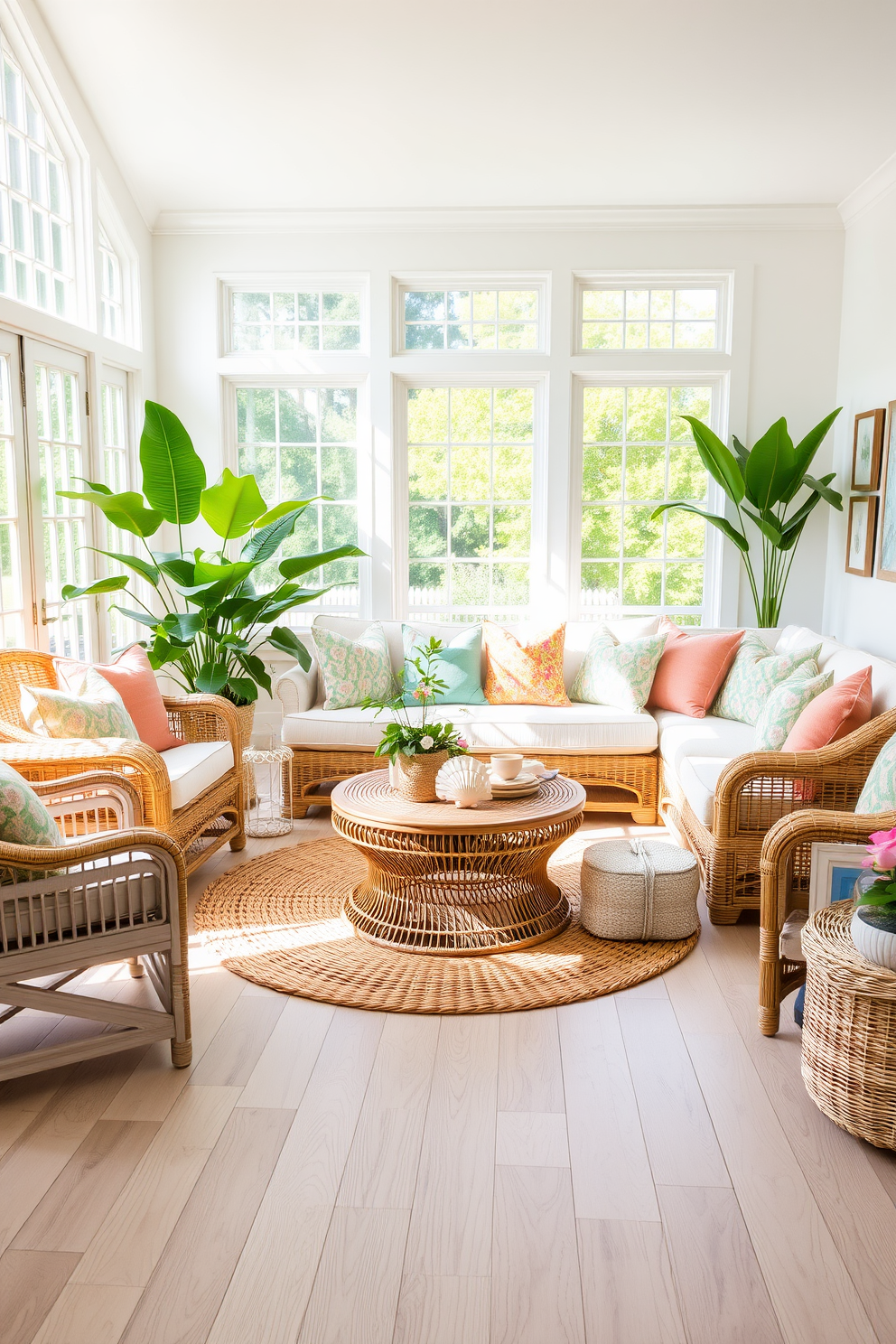 A bright and airy summer living room features a cozy seating area with wicker furniture, including a large sectional sofa adorned with colorful throw pillows. Natural light floods the space through large windows, highlighting a rattan coffee table at the center, surrounded by lush green plants for a refreshing touch. The walls are painted in a soft pastel hue, complementing the light wood flooring that adds warmth to the room. A woven area rug anchors the seating arrangement, while decorative accents like seashells and nautical-themed art complete the summer vibe.