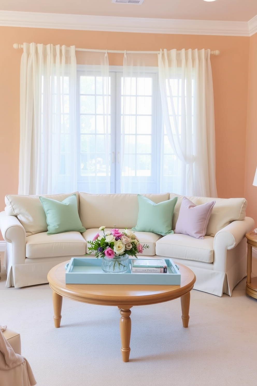 A serene summer living room adorned with pastel colors. The walls are painted in a soft peach hue, and a light cream sofa is accented with pastel throw pillows in shades of mint and lavender. A large, airy window drapes sheer white curtains that flutter gently in the breeze. A round coffee table made of light wood sits in the center, topped with a pastel blue tray holding fresh flowers and a stack of art books.