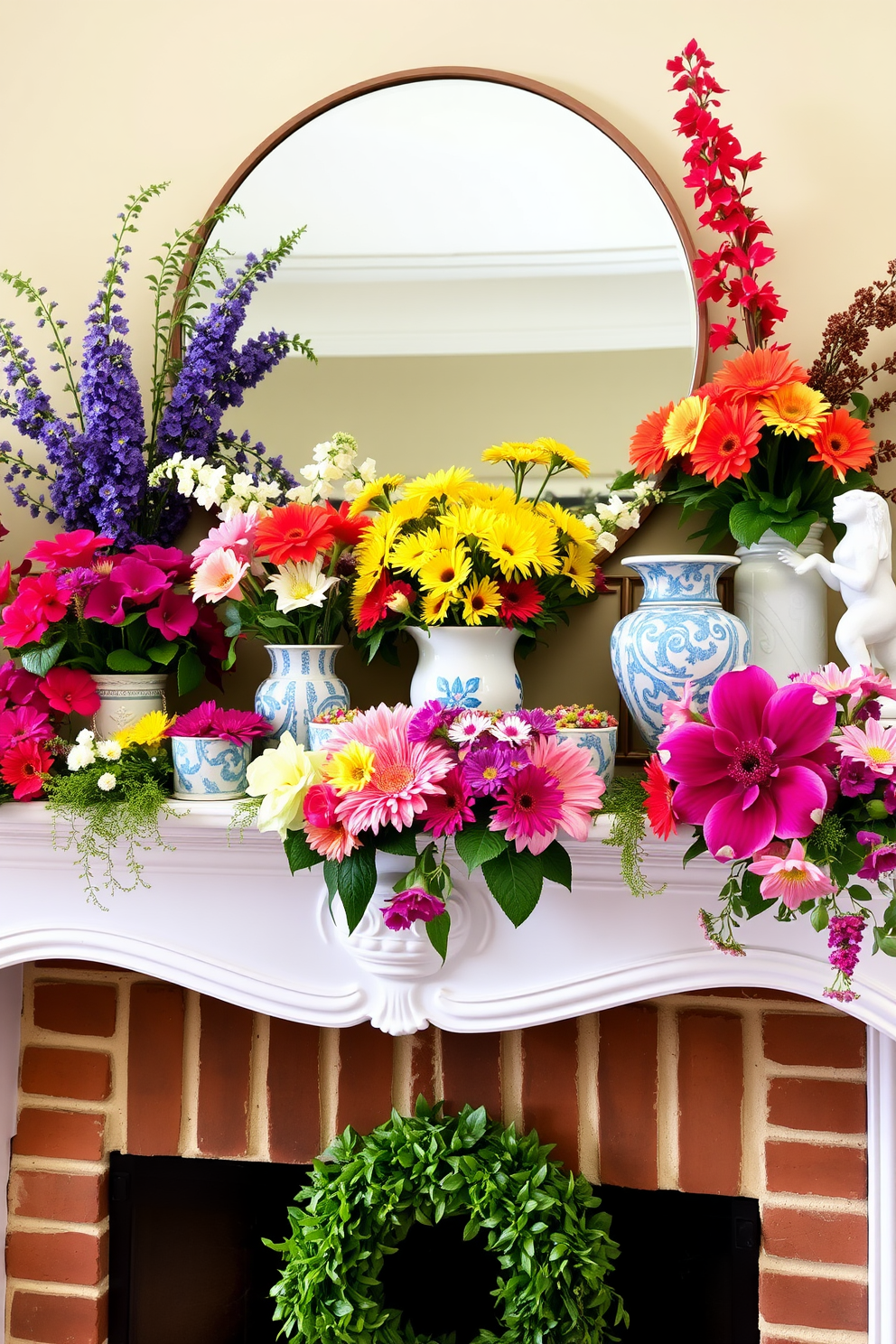 A bright and cheerful summer mantel decorated with vibrant floral arrangements. The mantel features an array of colorful flowers in various shapes and sizes, complemented by lush greenery and decorative accessories.