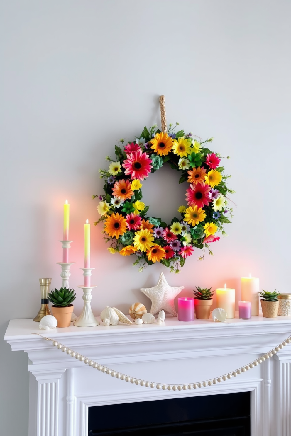 A vibrant summer-themed wreath is hung above a beautifully decorated mantel. The mantel is adorned with an assortment of colorful candles, seashells, and small potted plants that evoke a warm and inviting atmosphere.