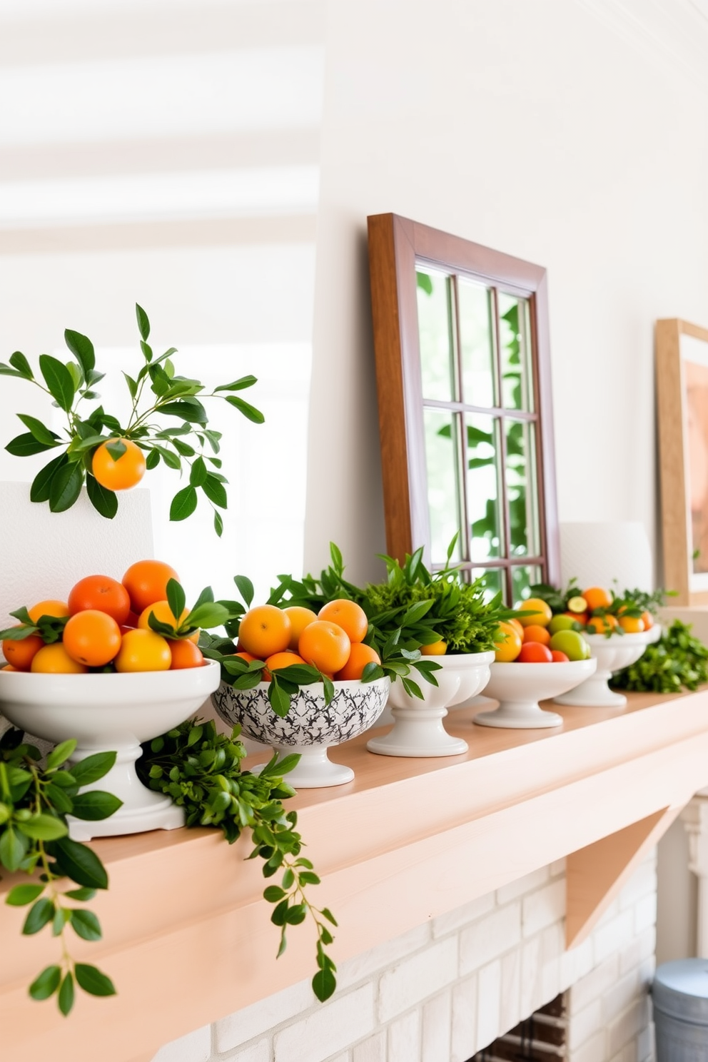 A bright and airy summer mantel decorated with a collection of colorful fruits in decorative bowls. The mantel features a light wooden beam adorned with lush greenery and vibrant citrus fruits, creating a fresh and inviting atmosphere.