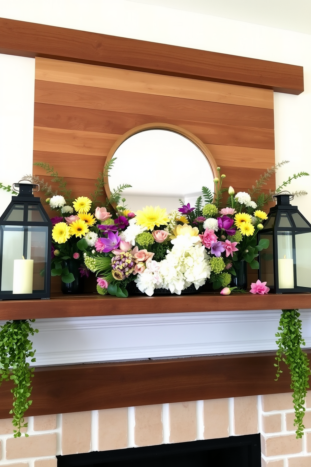 A cozy summer mantel decorated with an assortment of vibrant flowers and greenery. Stylish lanterns are placed on either side, casting a warm and inviting glow throughout the room. The mantel features a mix of rustic and modern elements, with a wooden beam as the backdrop. Soft pastel accents are incorporated through decorative items and seasonal touches, creating a cheerful summer aesthetic.