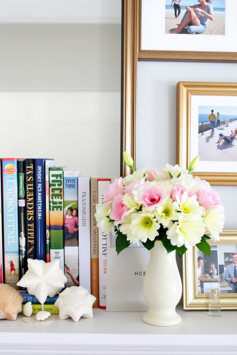 A beautifully styled summer mantel features a collection of vibrant summer-themed books and magazines artfully arranged. The mantel is adorned with fresh flowers in a pastel vase, complemented by decorative seashells and a few framed photos from summer vacations.