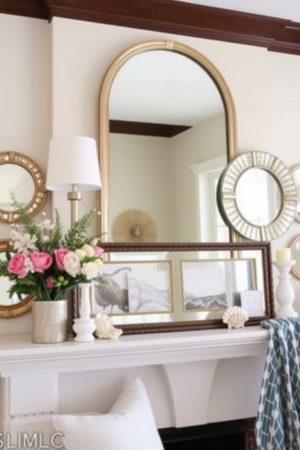 Create a layered look with mirrors by incorporating various sizes and shapes to enhance depth and reflection. Use a large statement mirror as the focal point above the mantel and flank it with smaller decorative mirrors to create visual interest. For summer mantel decorating ideas, choose a light and airy color palette that reflects the season. Incorporate natural elements like fresh flowers, seashells, and soft textiles to evoke a relaxed and inviting atmosphere.