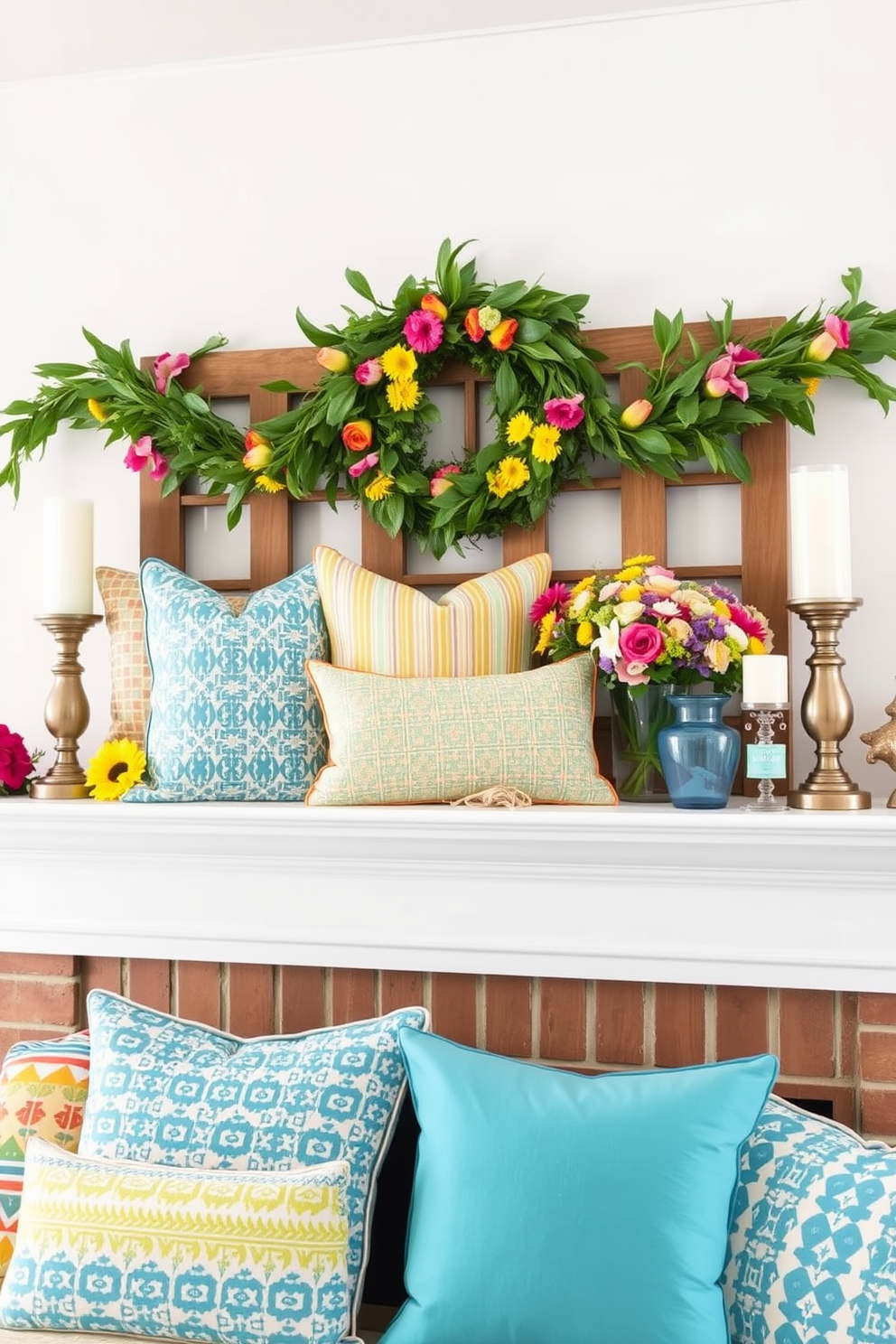 A vibrant summer mantel display featuring an assortment of colorful throw pillows arranged for comfort. The mantel is adorned with seasonal decorations, including fresh flowers and decorative candles, creating a cheerful and inviting atmosphere.