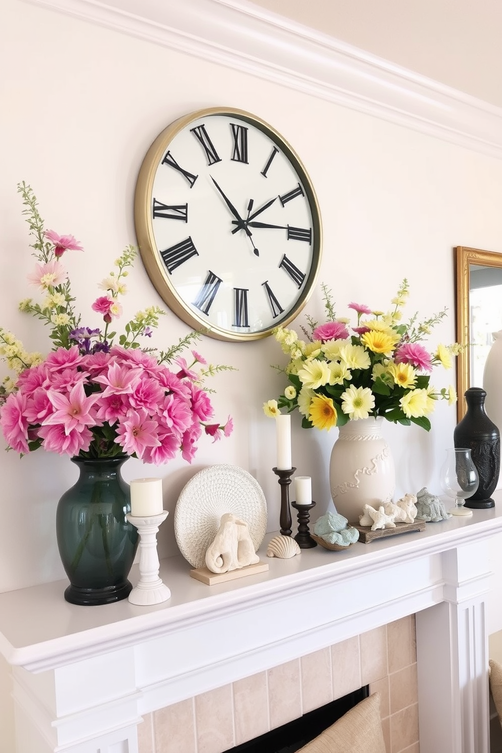 A bright and airy living room features a beautifully styled mantel adorned with seasonal summer decor. The mantel showcases a statement clock with a sleek design that draws the eye, complemented by vibrant floral arrangements and light, textured accents. On the mantel, a collection of decorative items, including candles and seashells, evokes a relaxed summer vibe. Soft, pastel colors dominate the palette, enhancing the overall freshness of the space while creating a welcoming atmosphere.