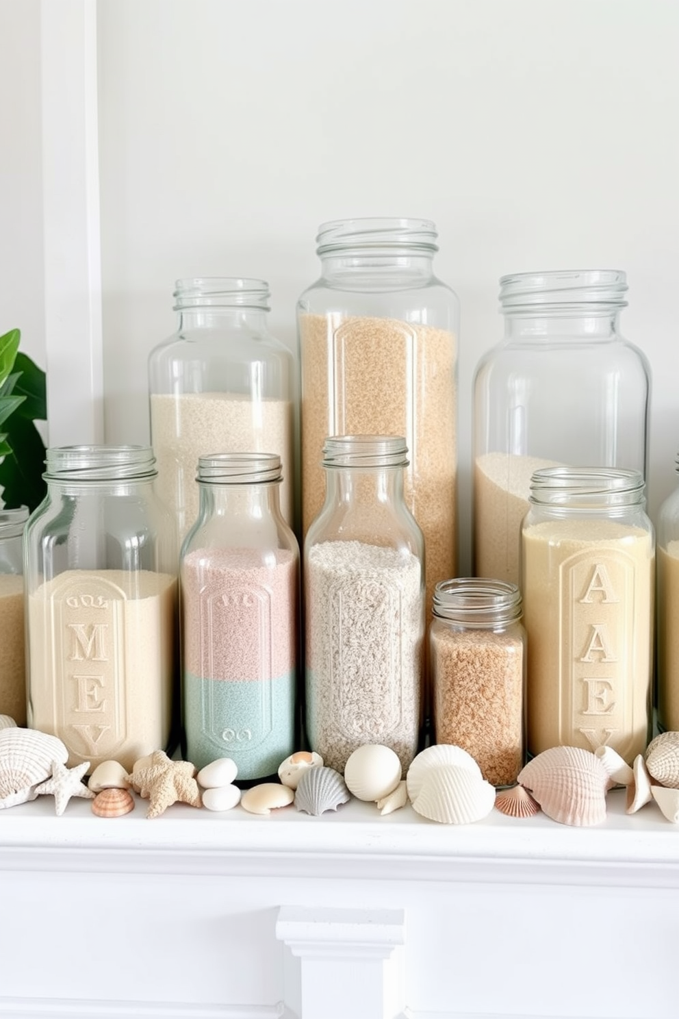 A beautifully styled summer mantel features an array of glass jars filled with different shades of sand, creating a coastal vibe. Each jar is uniquely shaped and positioned alongside a collection of seashells, adding texture and interest to the display.