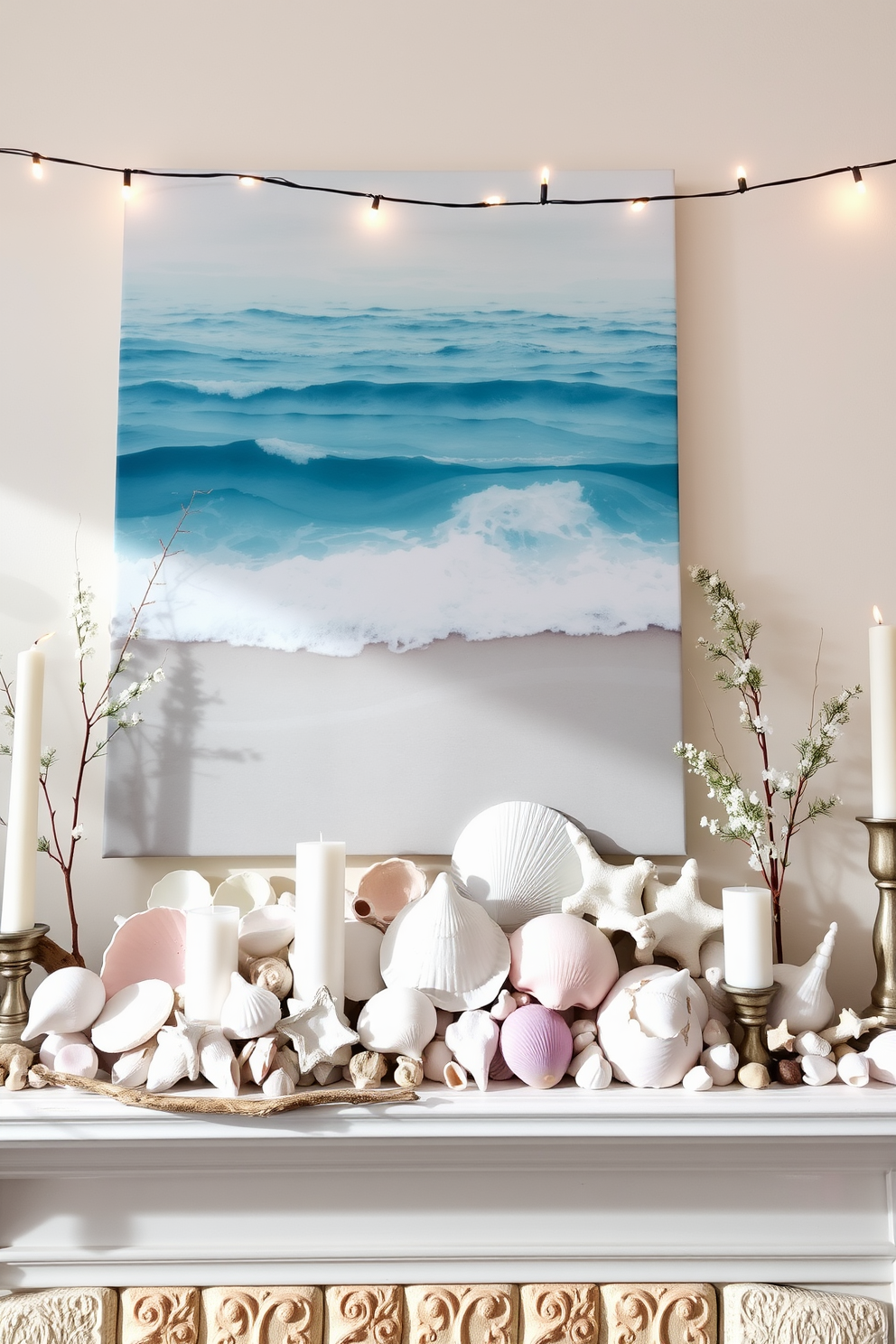 A bright and airy summer mantel adorned with seashells and coastal decor. The mantel features a collection of various seashells in soft pastel colors, arranged alongside driftwood accents and white candles for a serene beach-inspired look. Delicate string lights hang above the mantel, casting a warm glow over the arrangement. A large piece of ocean-themed artwork serves as the backdrop, enhancing the coastal charm of the space.